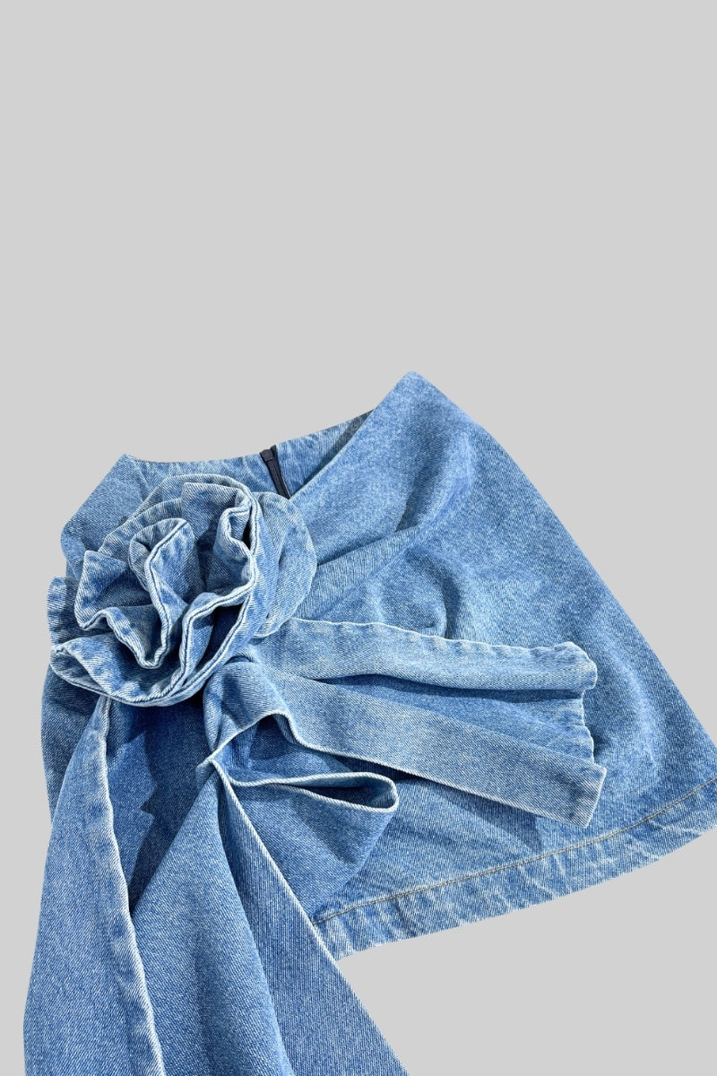 ASYMMETRIC FLORAL DENIM SKIRT BLUE