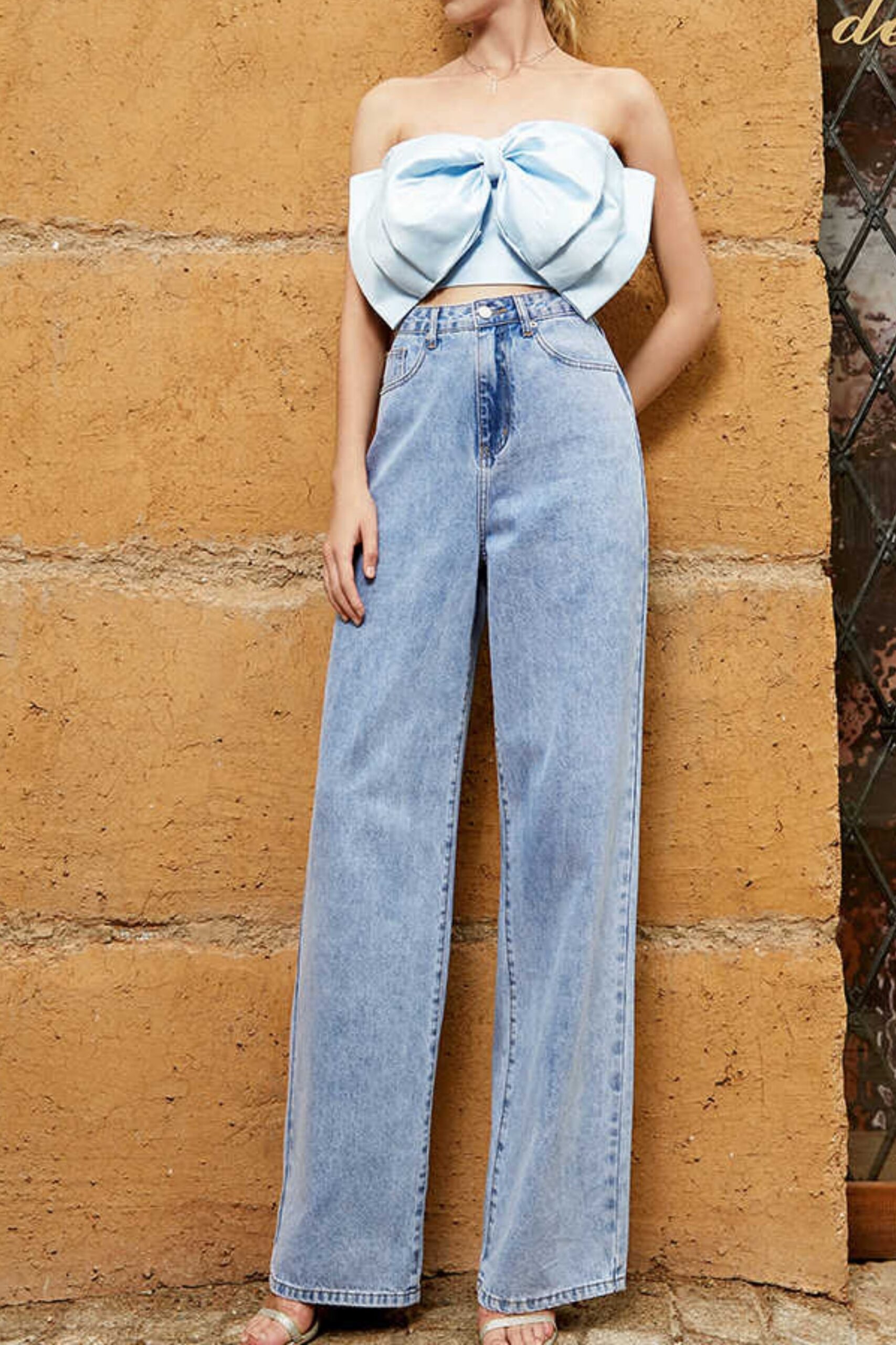 BOW STRAPLESS BLUE TOP FOR WEDDING GUEST