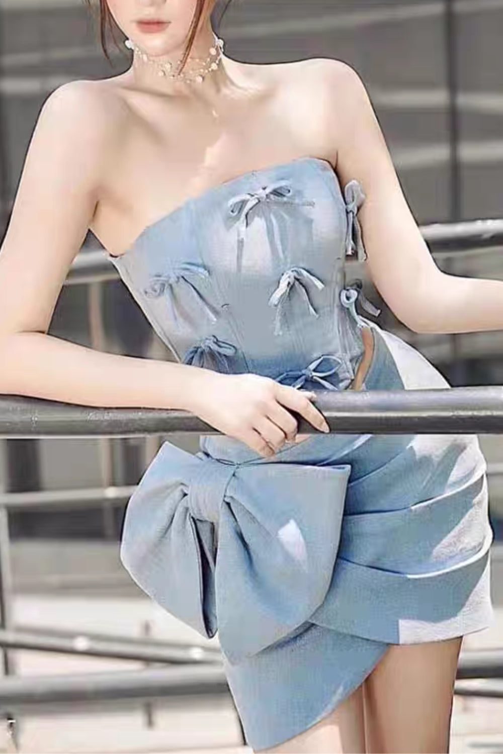 BOW EMBELLISHED BLUE TWO-PIECE SET FOR PARTIES