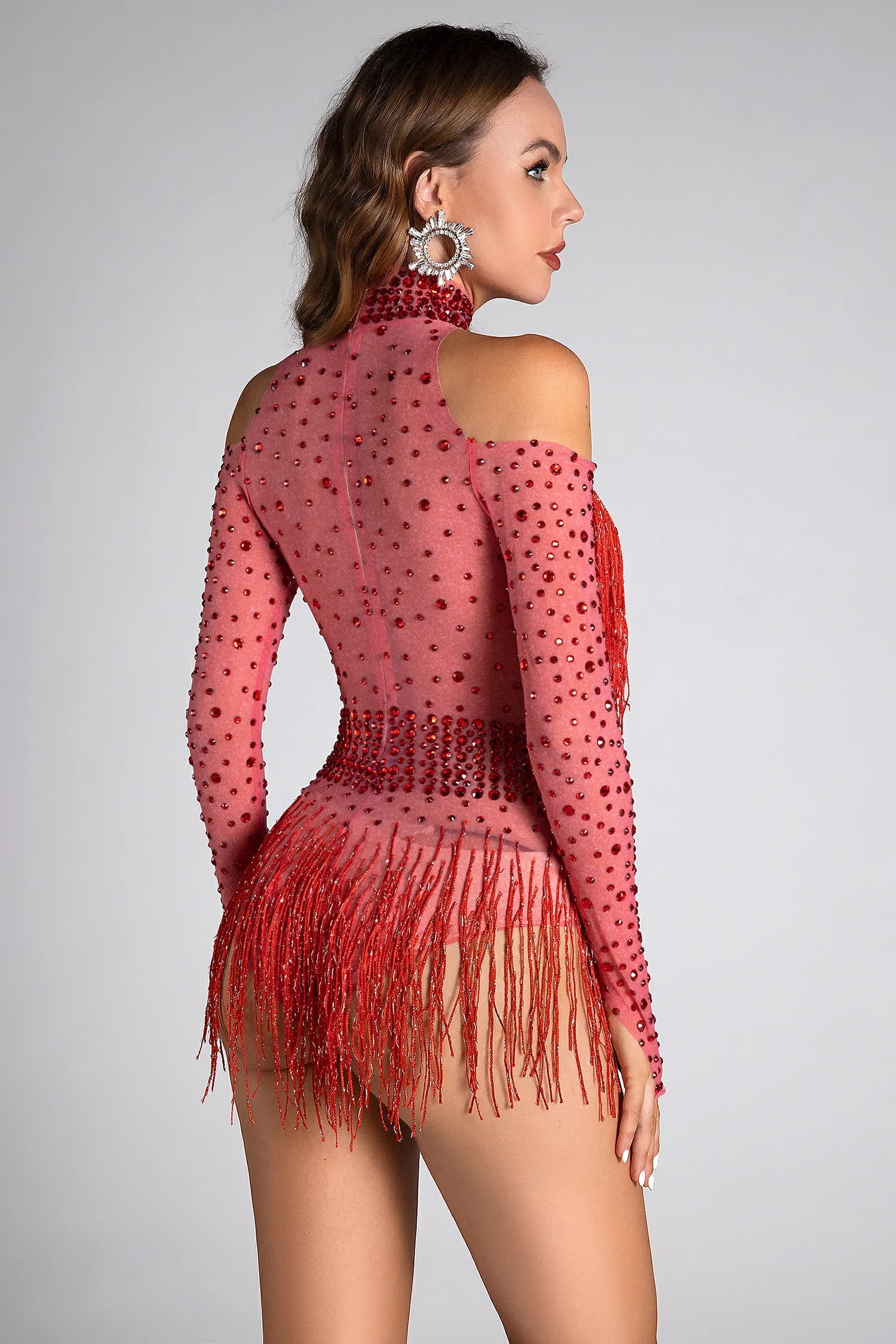 LILLELIS RHINESTONE FRINGE MESH HALTER BODYSUIT