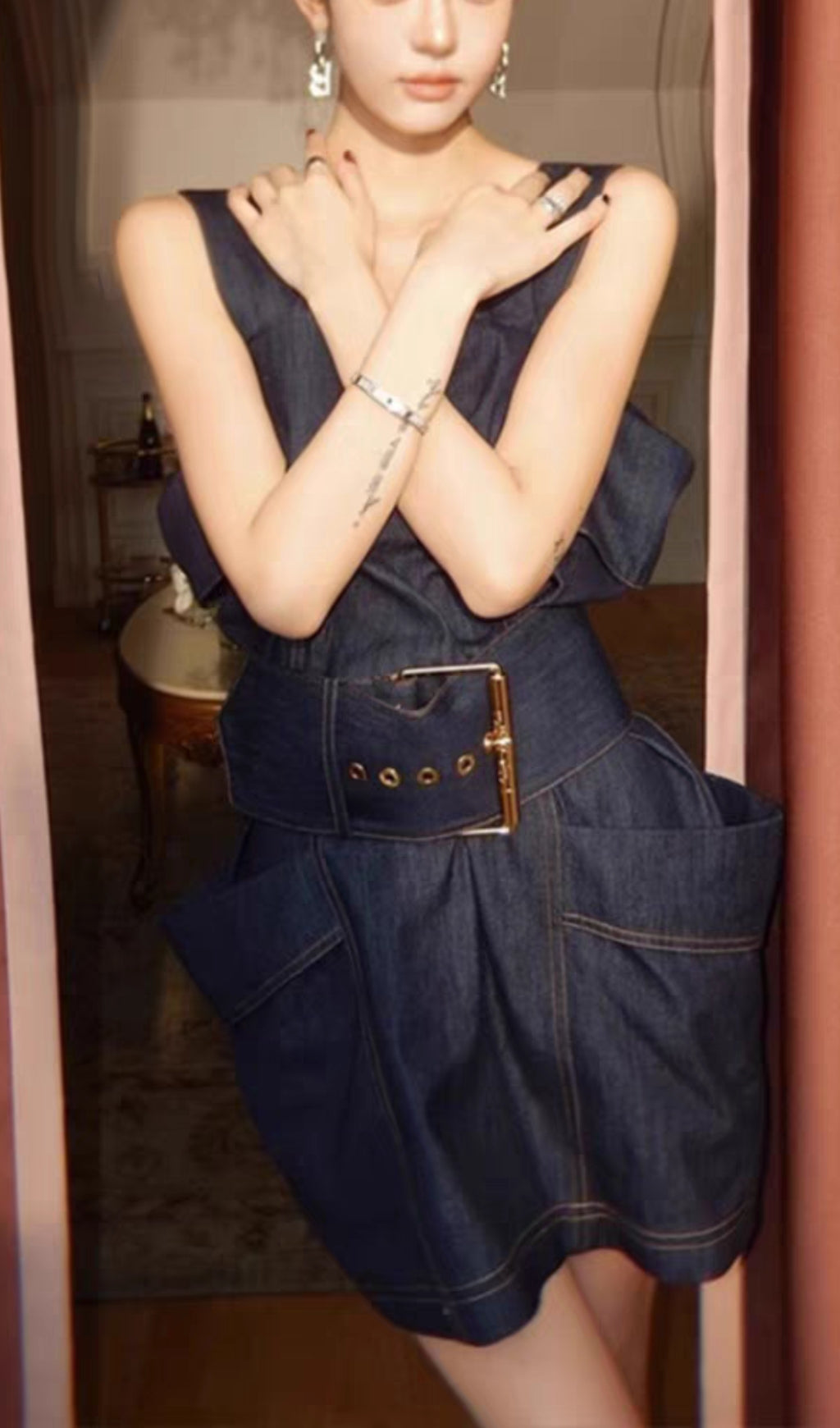 RUFFLED DENIM SUSPENDER DRESS, BLUE, CASUAL