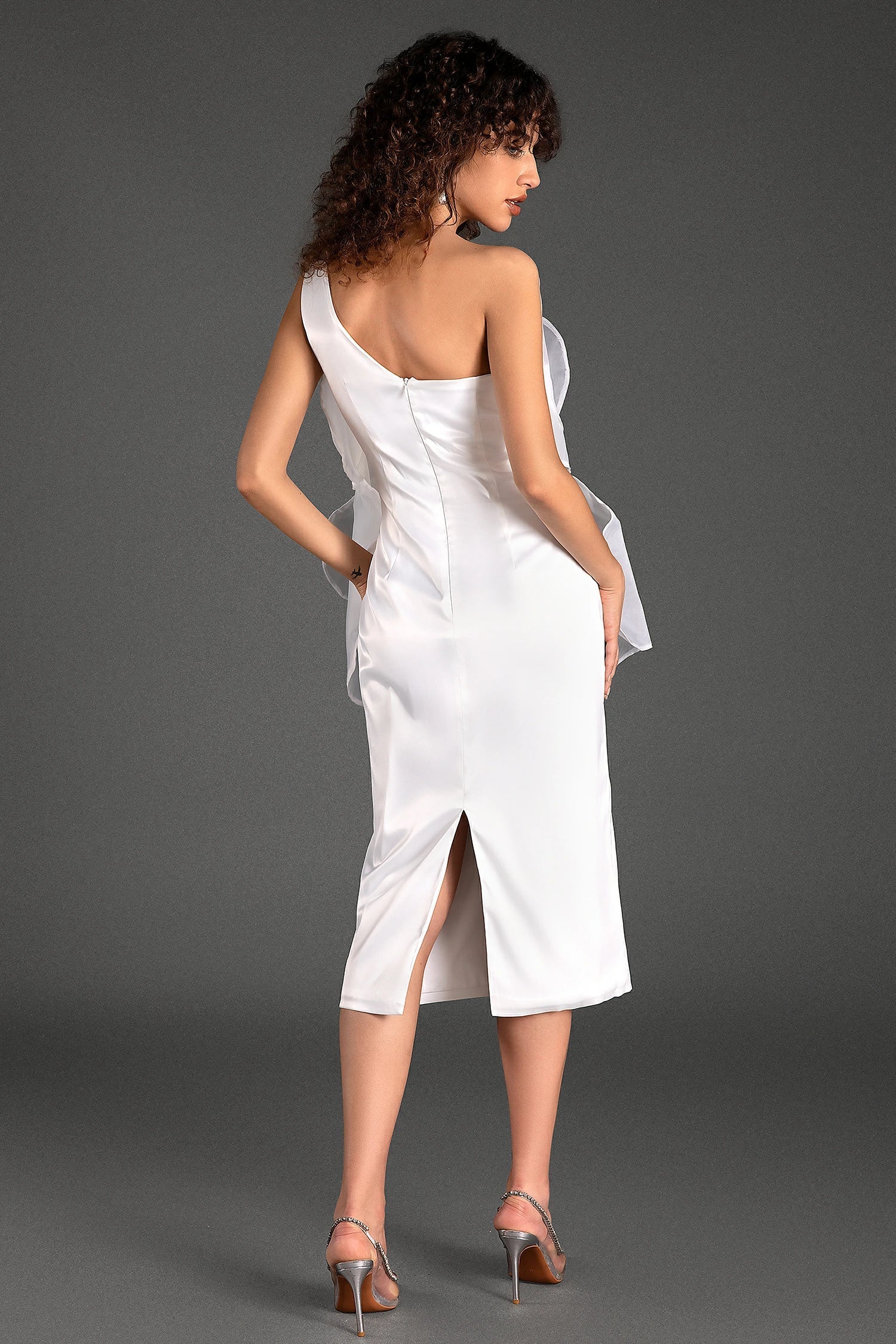MUSTELIS ONE SHOULDER 3D FLORAL MIDI DRESS FOR WEDDING