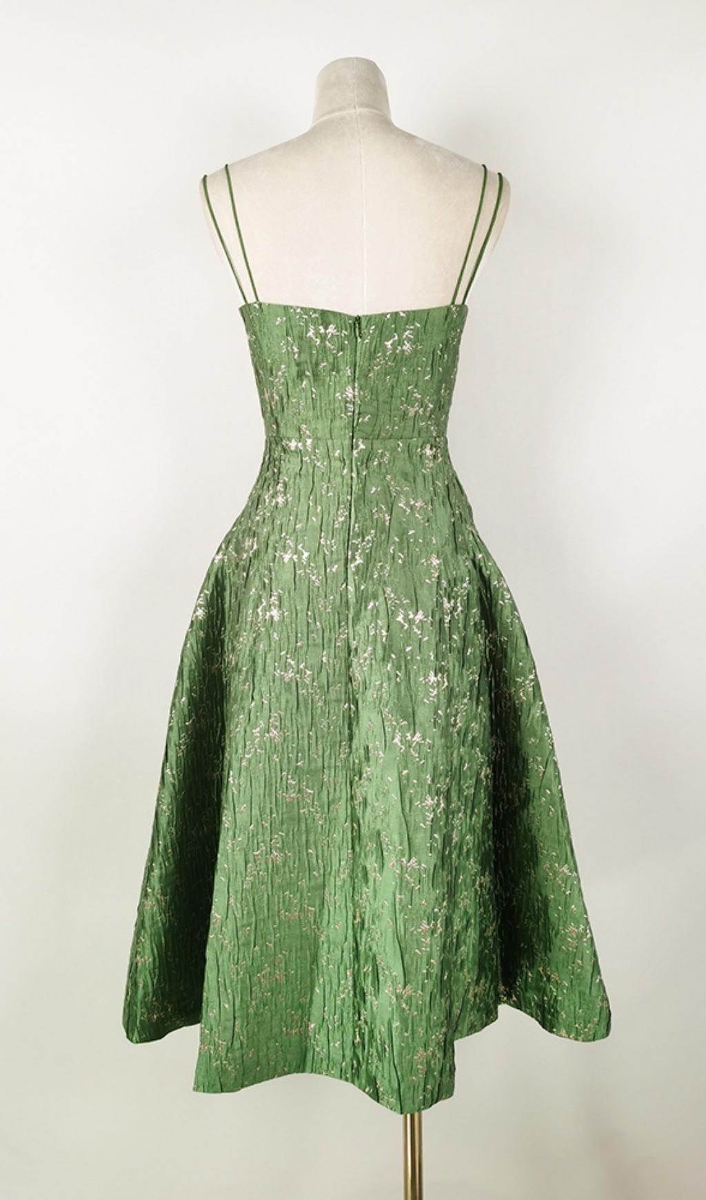 VINTAGE GREEN SUSPENDER JACQUARD MIDI DRESS