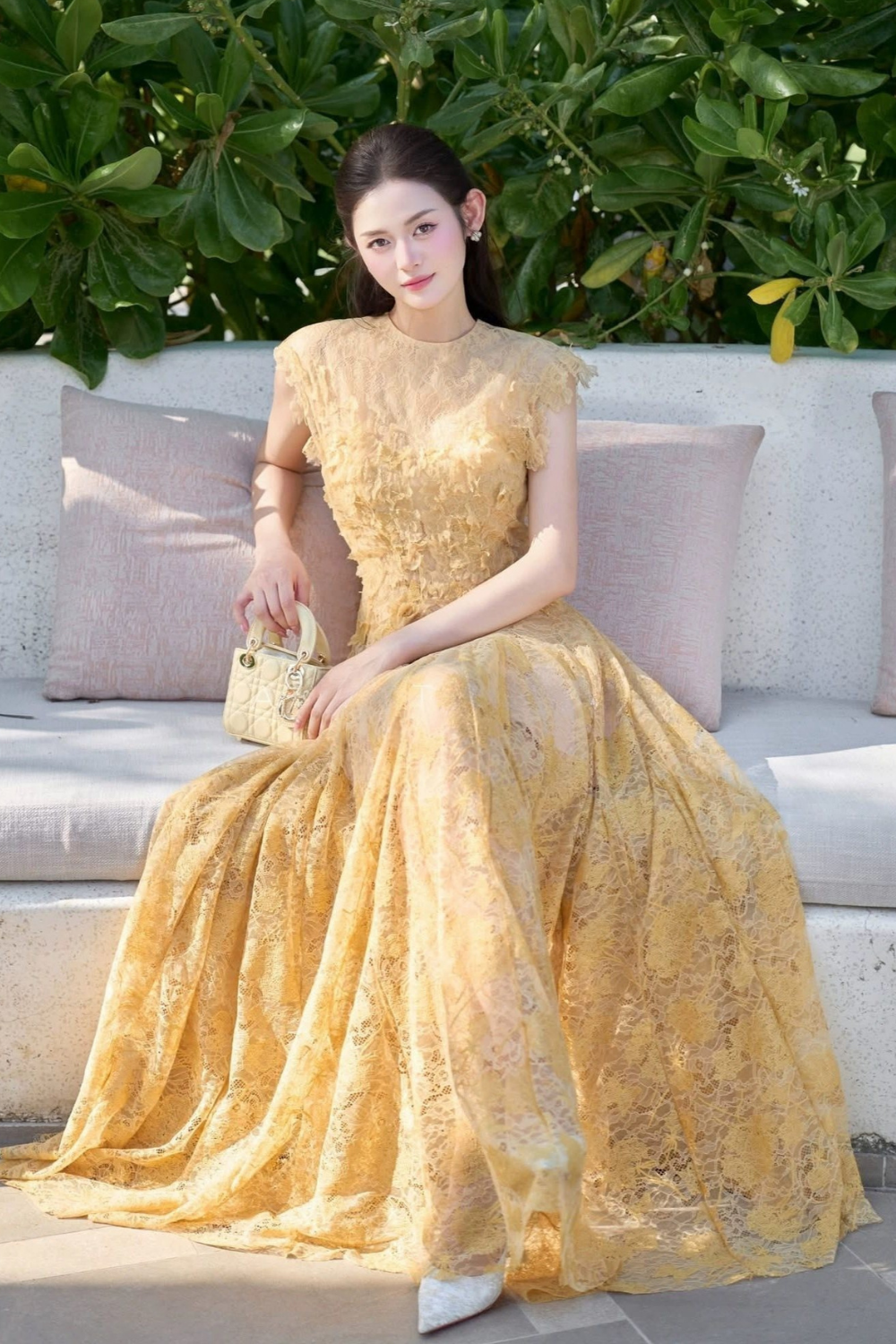 JENNIFER YELLOW LACE MAXI DRESS WITH FLOWER EMBELLISHMENTS