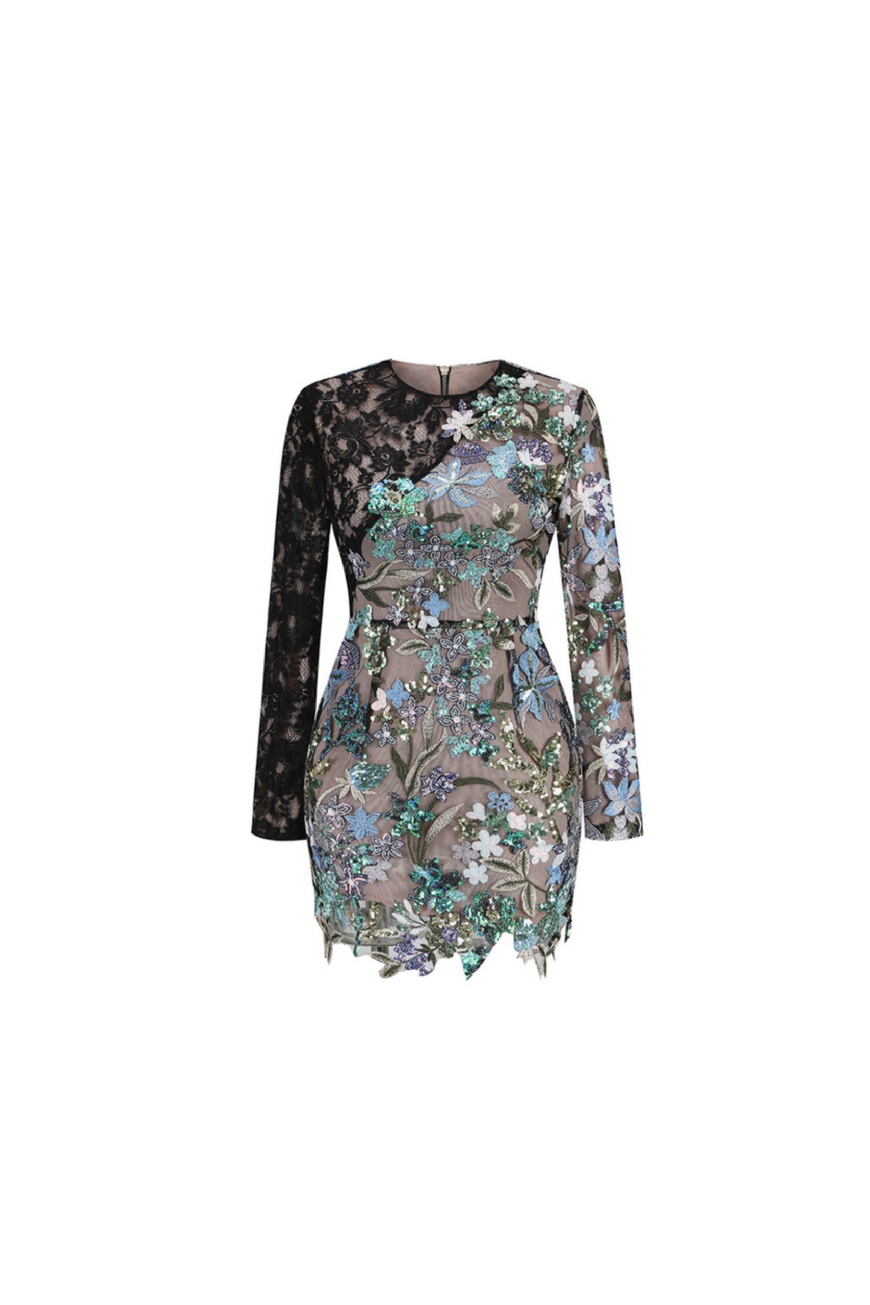 LONG LACE SEQUIN FLORAL DRESS FOR WEDDING GUEST