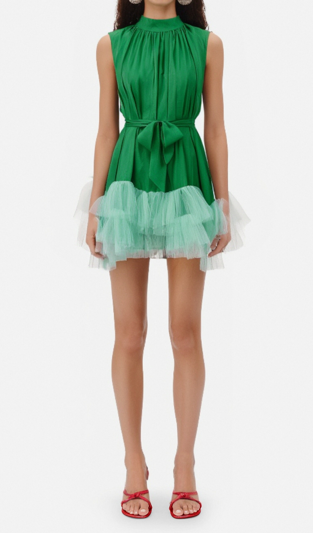 HALF-HIGH NECK TULLE MINI DRESS GREEN