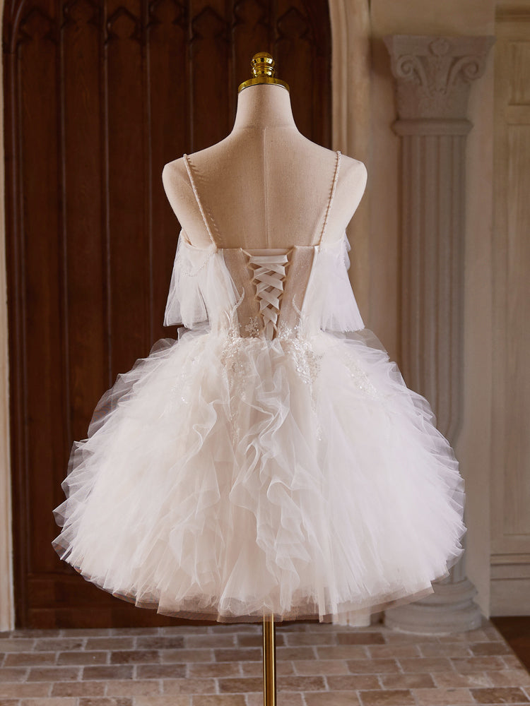GLITTER BALL GOWN MINI DRESS IN CHAMPAGNE TULLE LACE