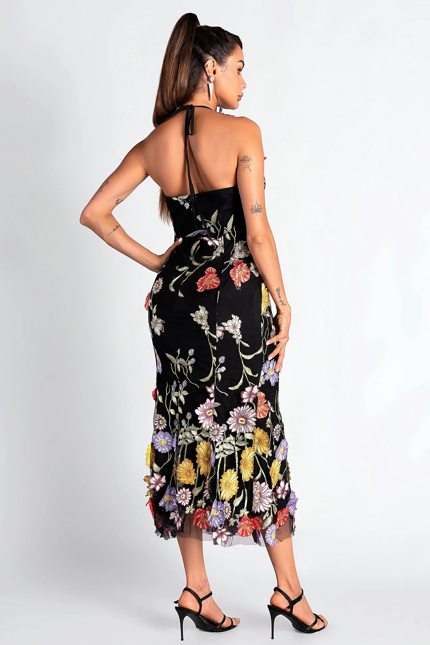HALTER FLORAL EMBROIDER MIDI DRESS, BLACK, WEDDING GUEST