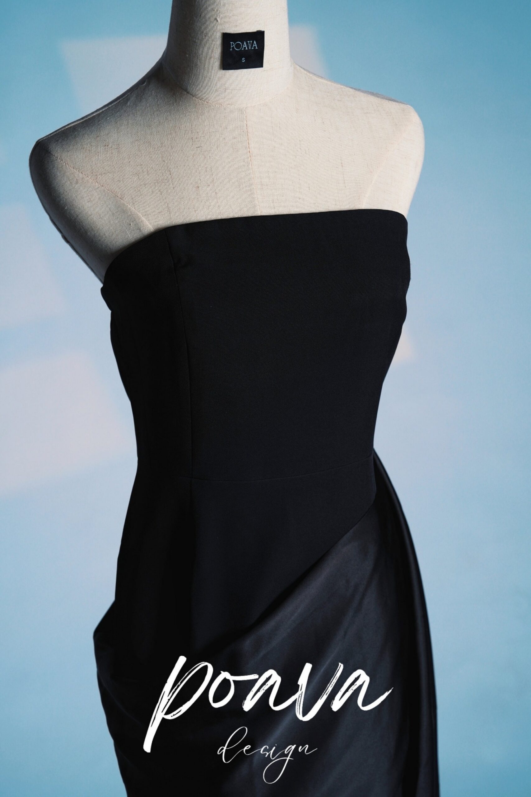 BLACK SATIN BANDEAU MINI DRESS, DRAPE SKIRT, COCKTAIL