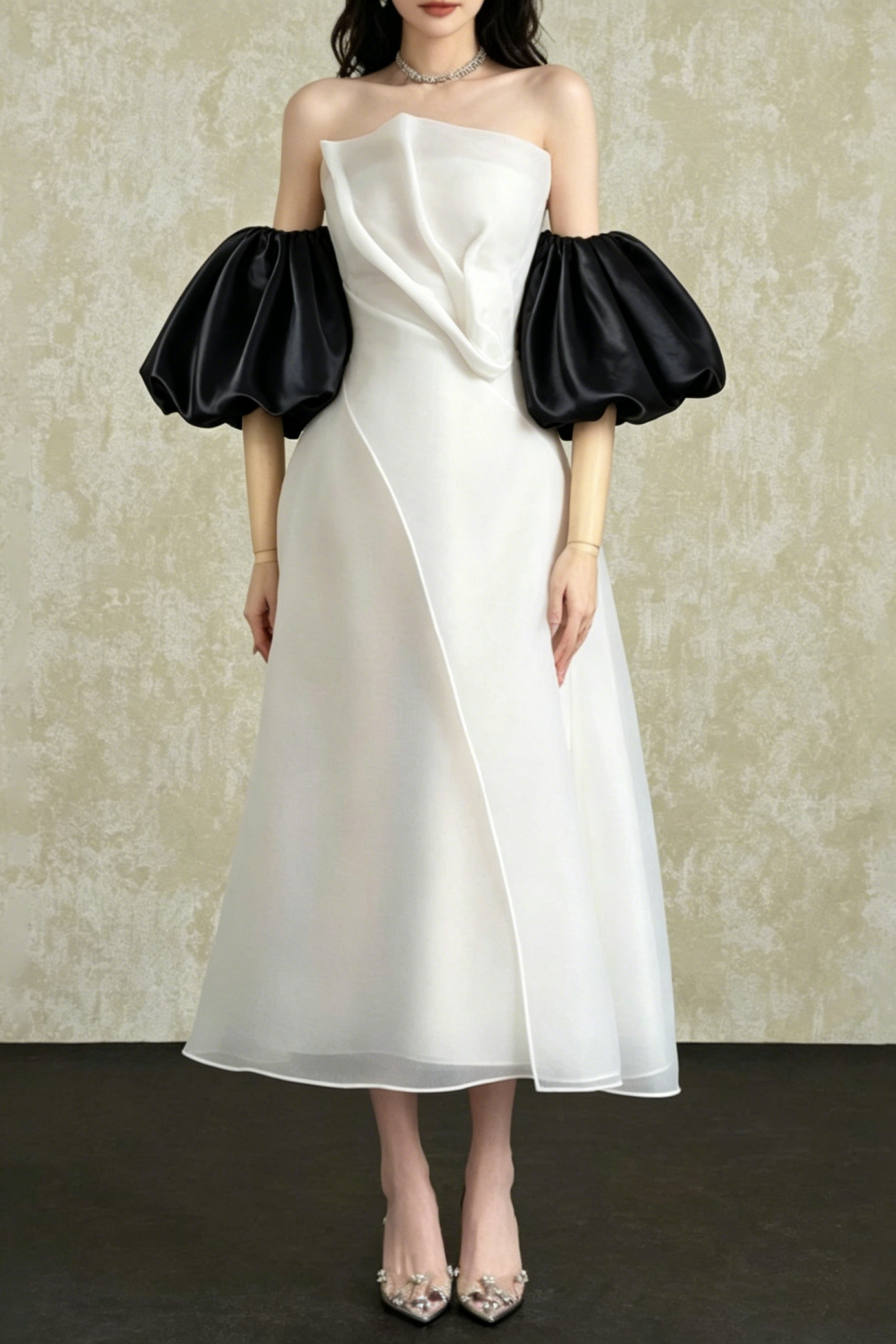 5_793e1837-f9dc-41bf-8349-b4a6919d301c STRAPLESS PUFF SLEEVE ORGANZA MIDI DRESS, WHITE