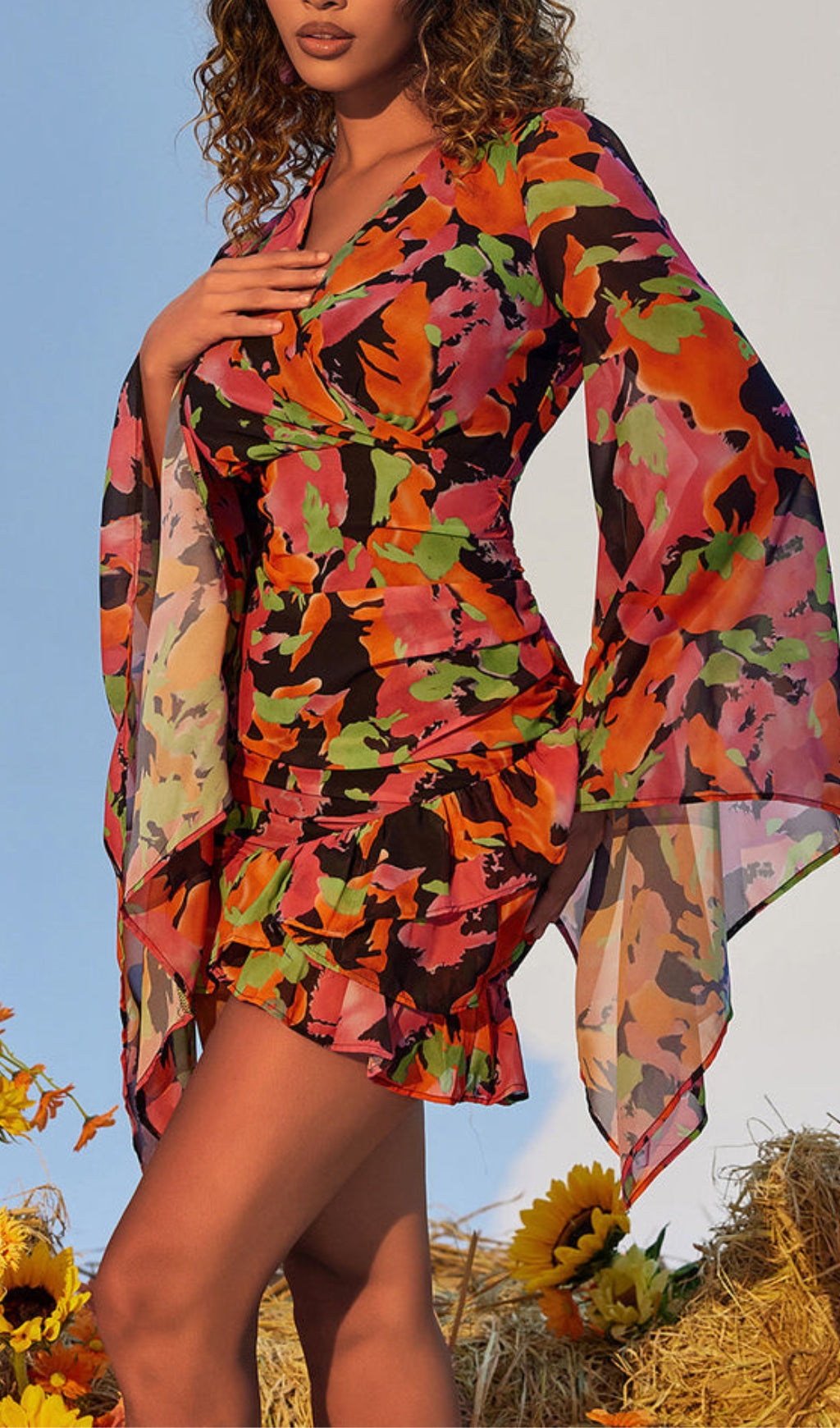 PRINTED RUFFLE MESH DRESS FOR PARTY