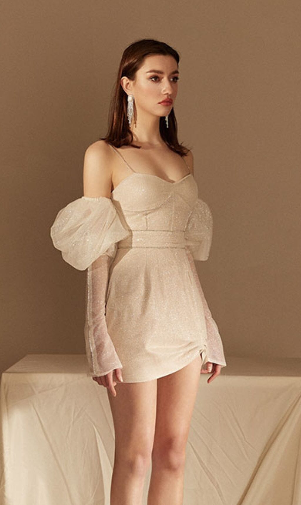 STRAPLESS BUBBLE DRESS FOR WEDDING GUEST BEIGE