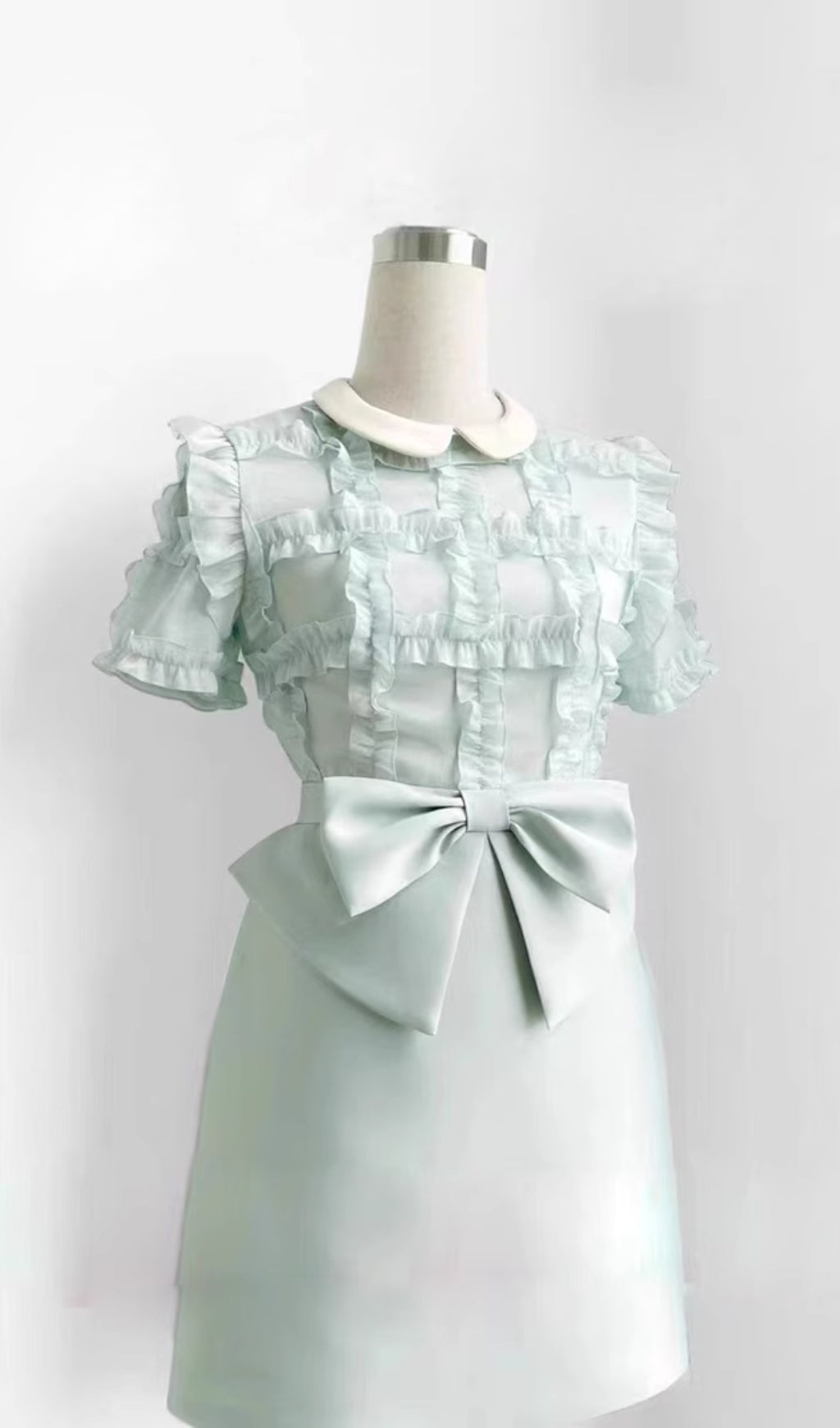 LIGHT GREEN BROCADE BOW MINI DRESS