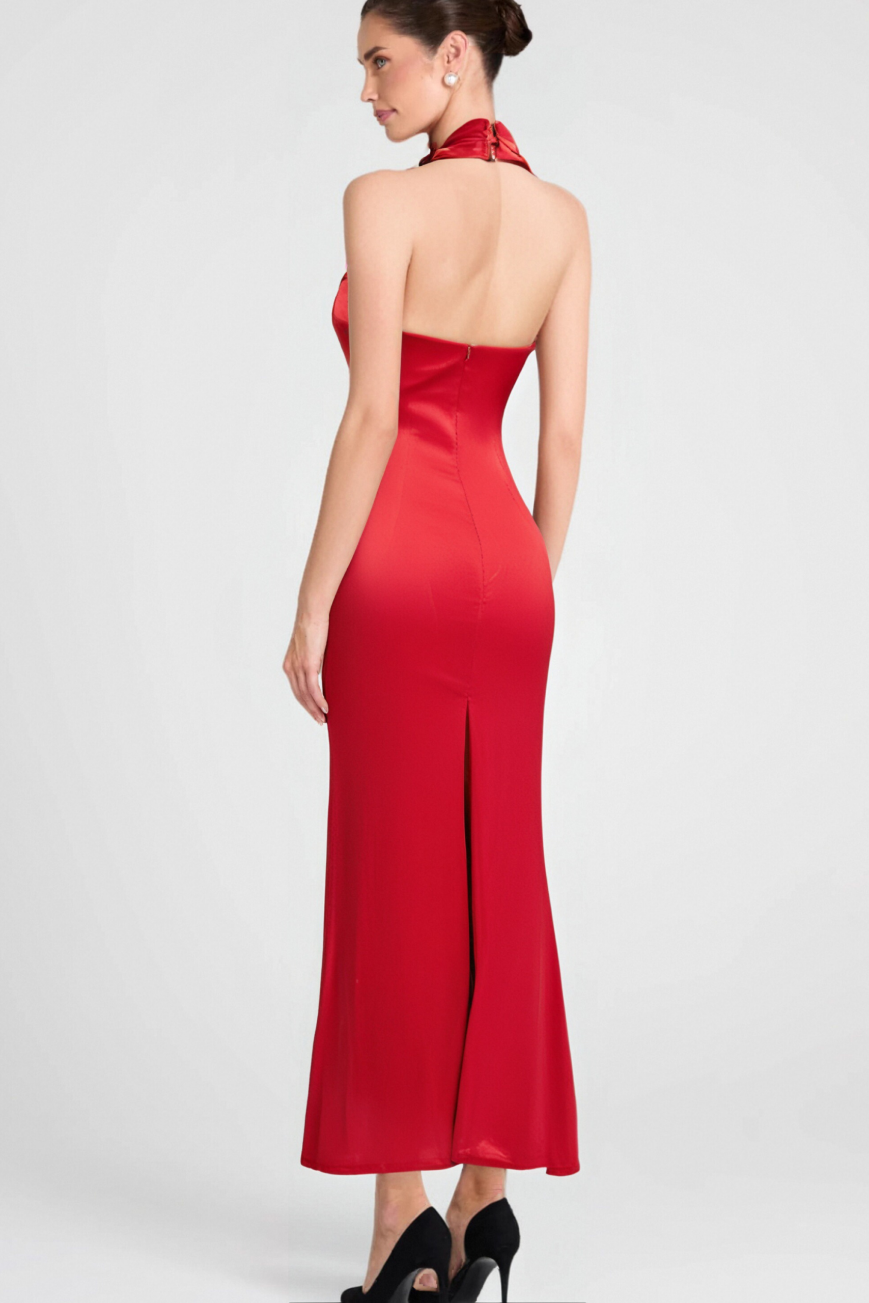 HALTER SATIN MERMAID MAXI DRESS - RED FORMAL GOWN