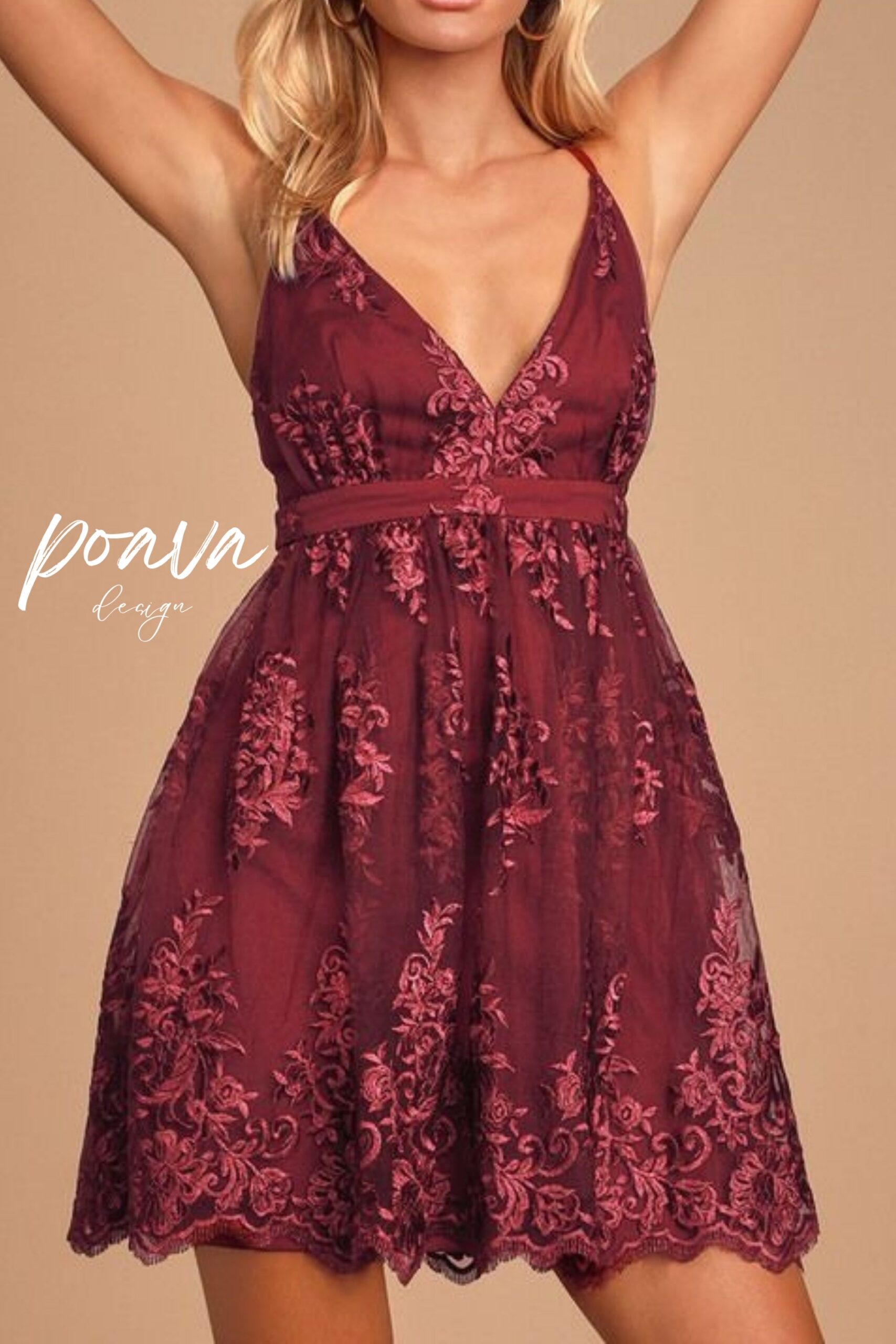 V-NECK TULLE LACE SHORT BURGUNDY PROM DRESS