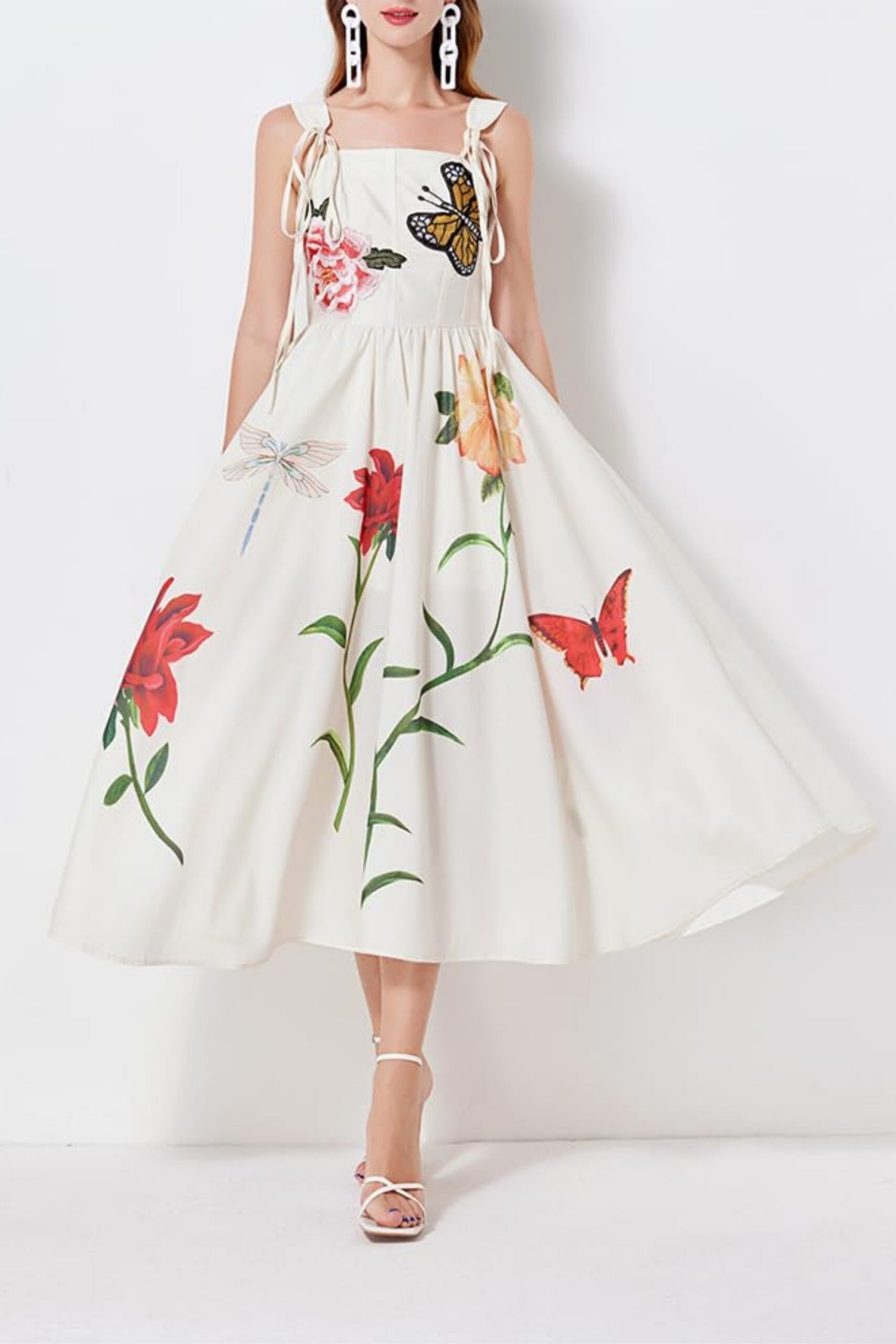 BUTTERFLY FLORAL MIDI DRESS GRAY - PRINT
