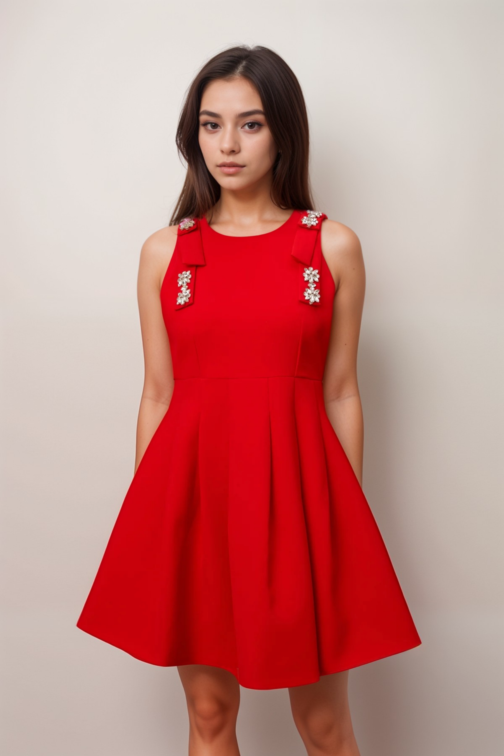 LOUISA RED BOW SLEEVELESS PLEATED MINI DRESS