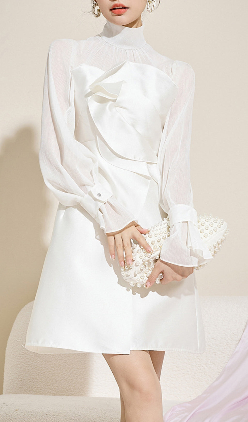 WHITE MESH LONG SLEEVE PARTY MINI DRESS