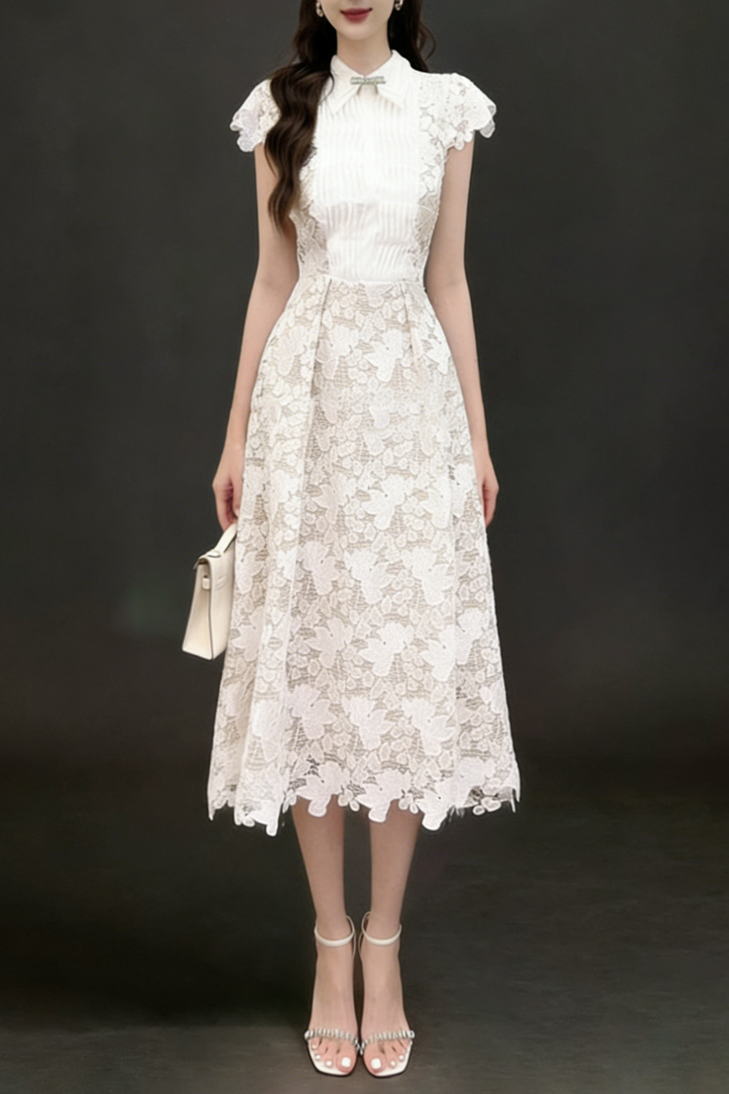 LEILA WHITE LACE MIDI DRESS WITH 3D FLOWER BOW
