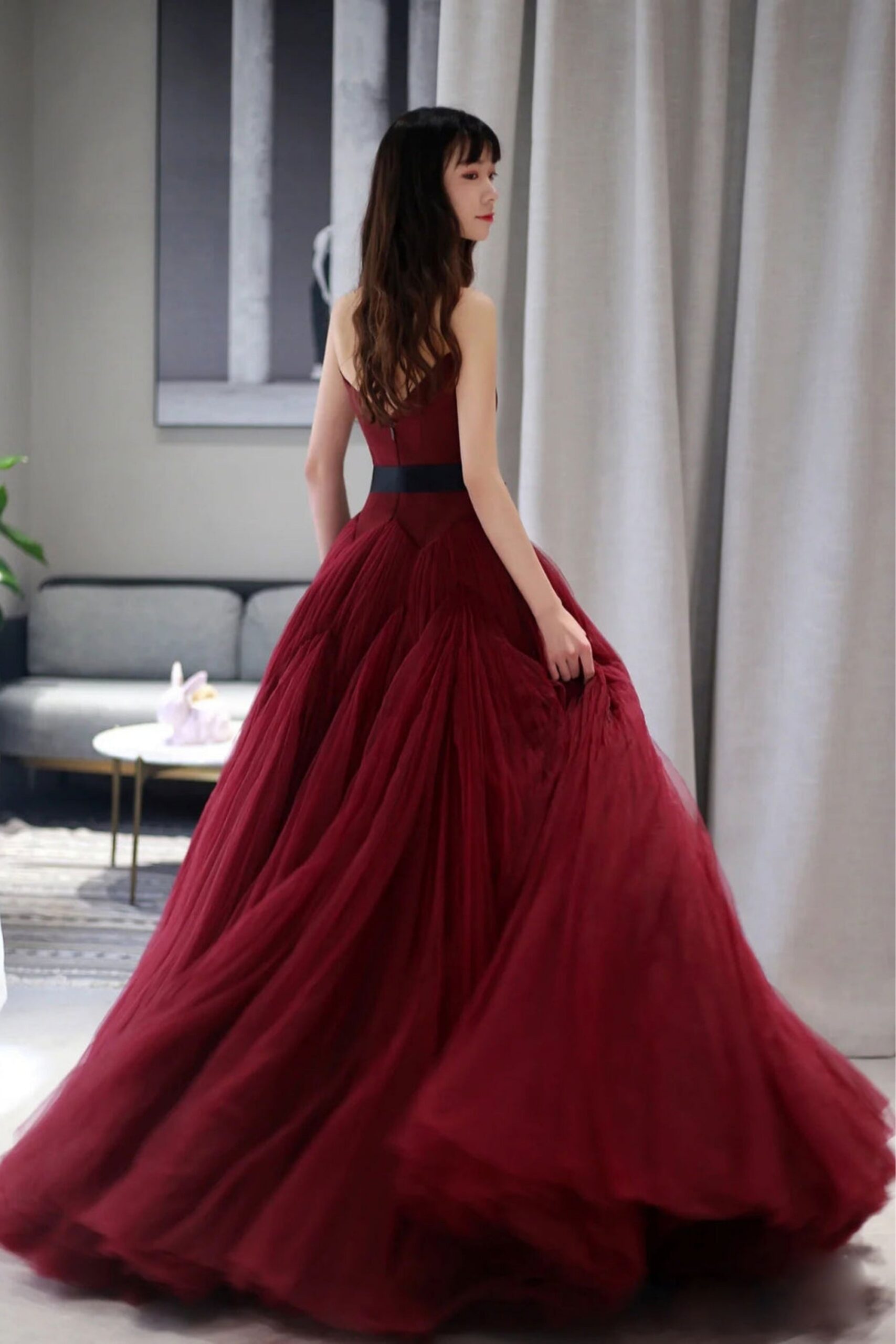 A-LINE BURGUNDY TULLE PARTY DRESS