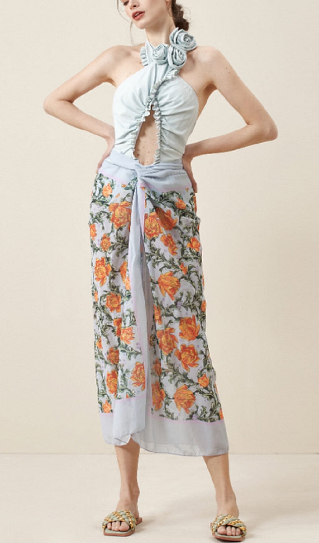 BLUE HALTER 3D FLOWER BEACH SWIMSUIT & SARONG