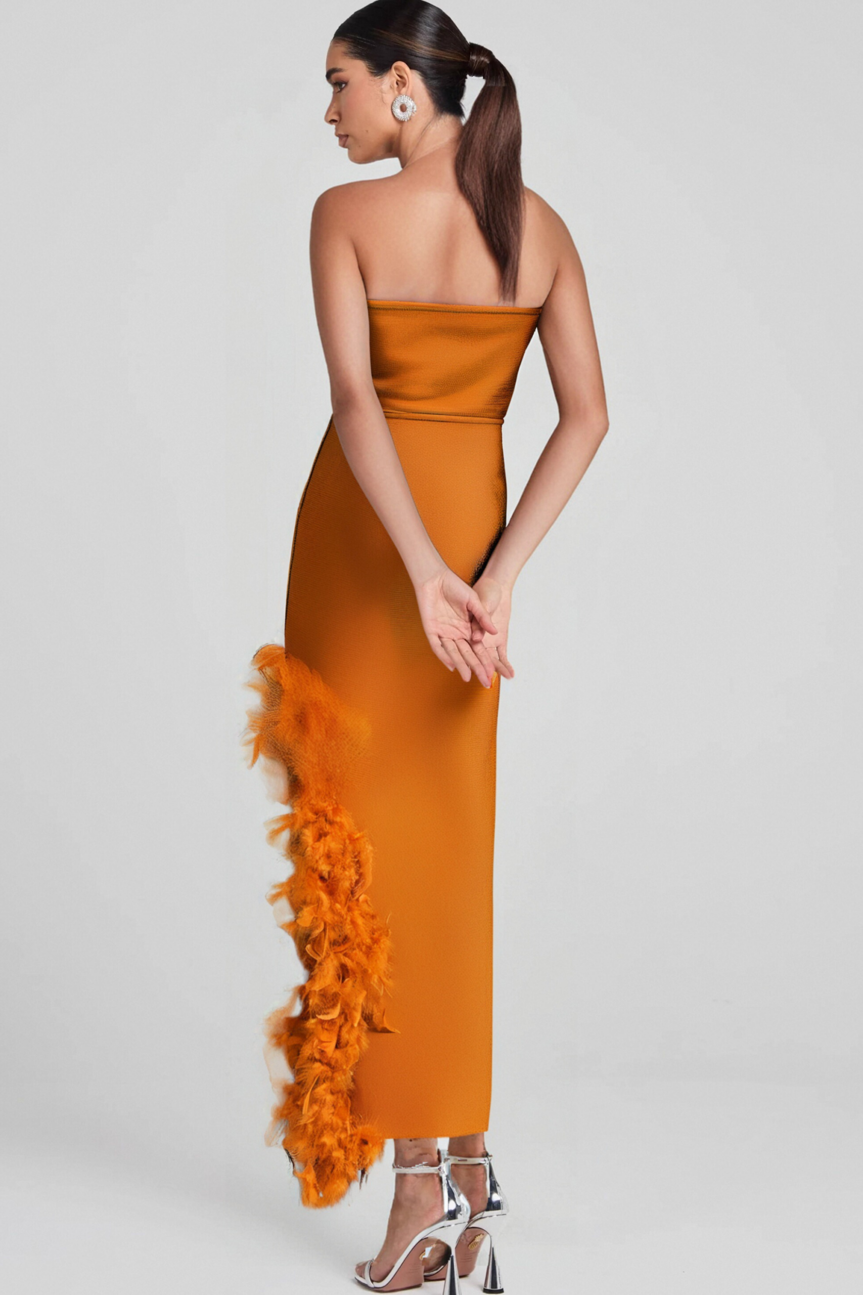 OSTRICH FEATHER V-NECK BANDAGE DRESS BROWN