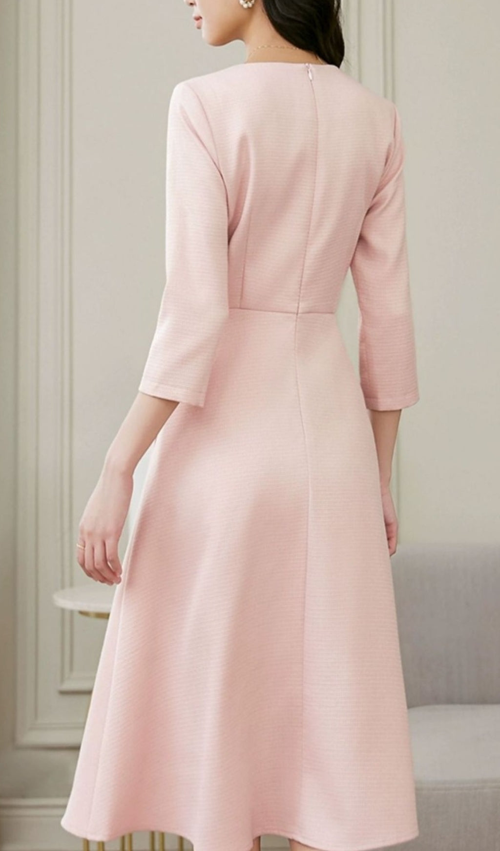 ELEGANT PINK LONG SLEEVE MIDI DRESS FOR WEDDING GUEST