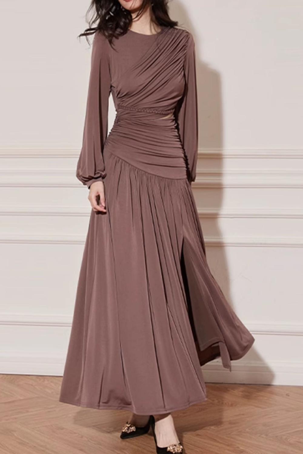 PLEATED CUTOUT CHIFFON MAXI DRESS IN BROWN