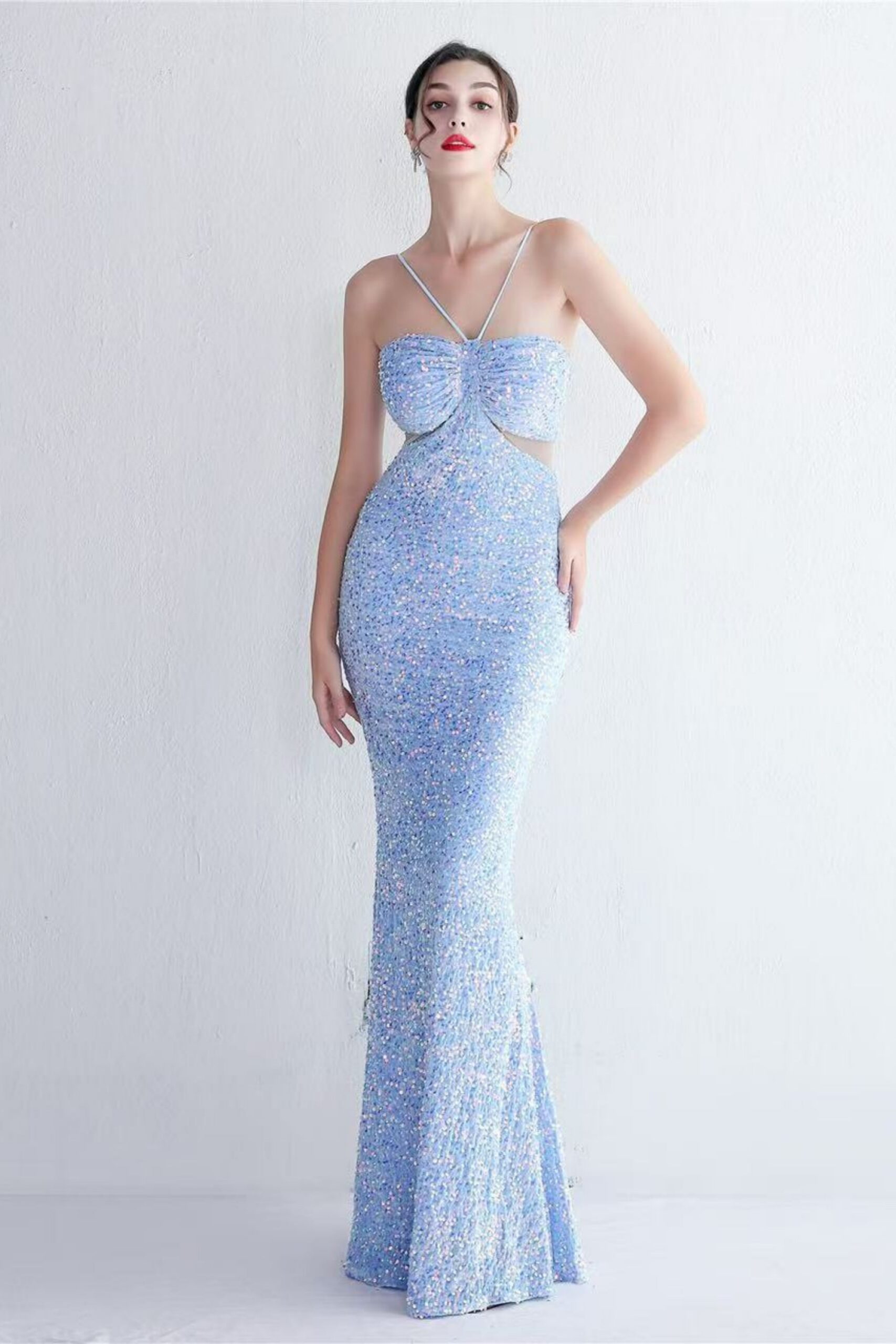 MARIAN BLUE SEQUIN HALTER CUTOUT MAXI DRESS