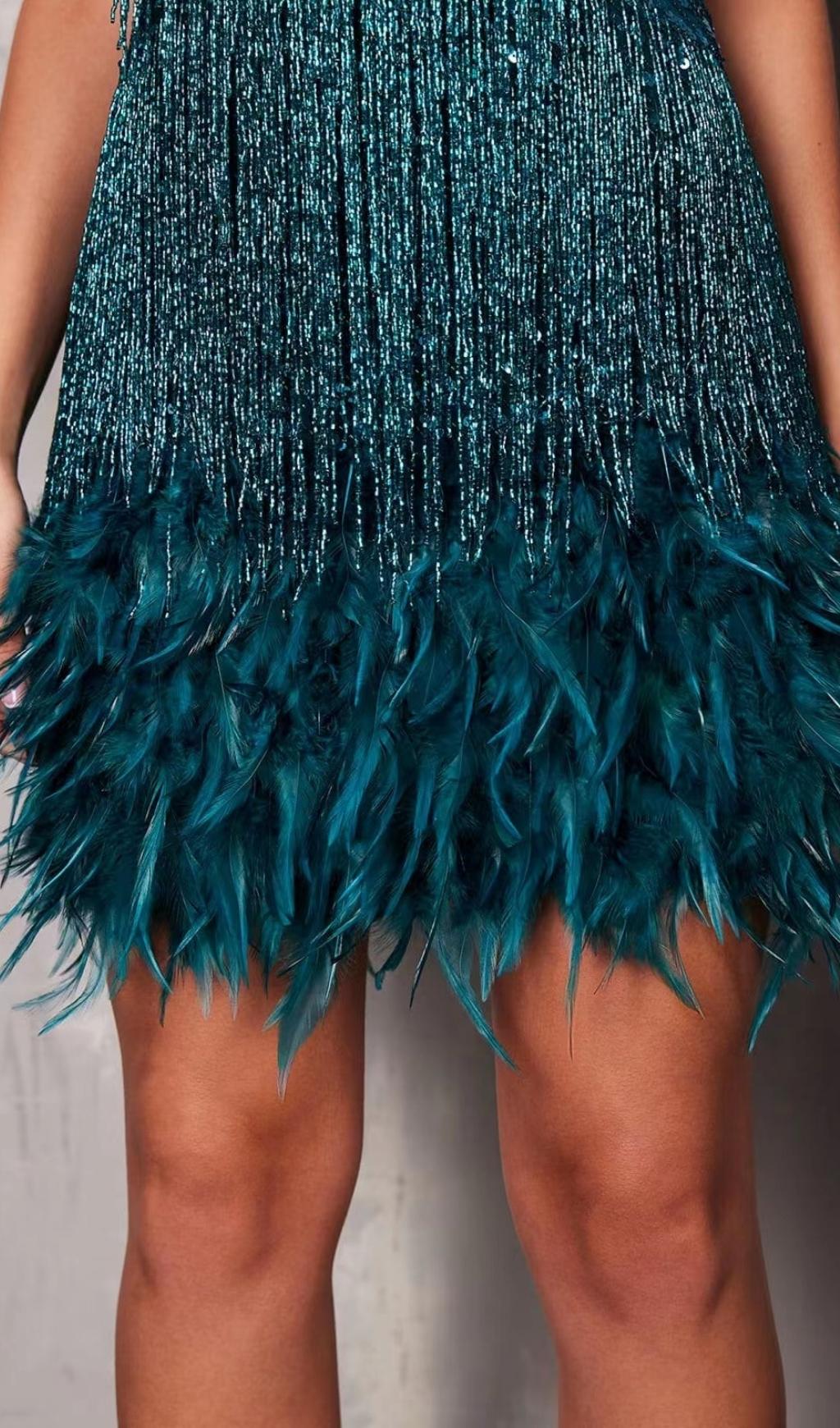 EMERALD FEATHER TASSEL MINI DRESS FOR PARTIES