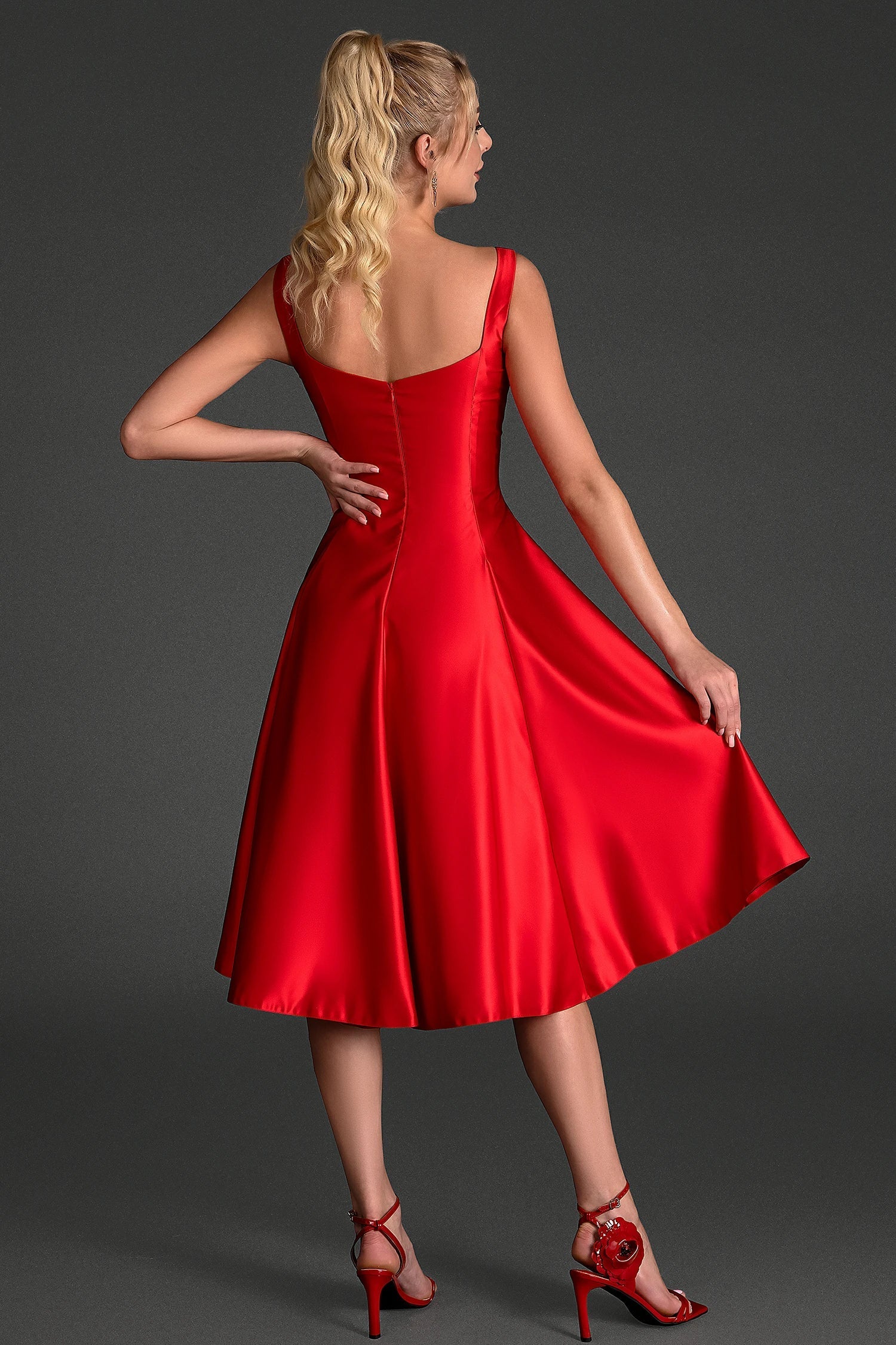 FILIO STRAP SATIN PATCHWORK DRESS IN RED