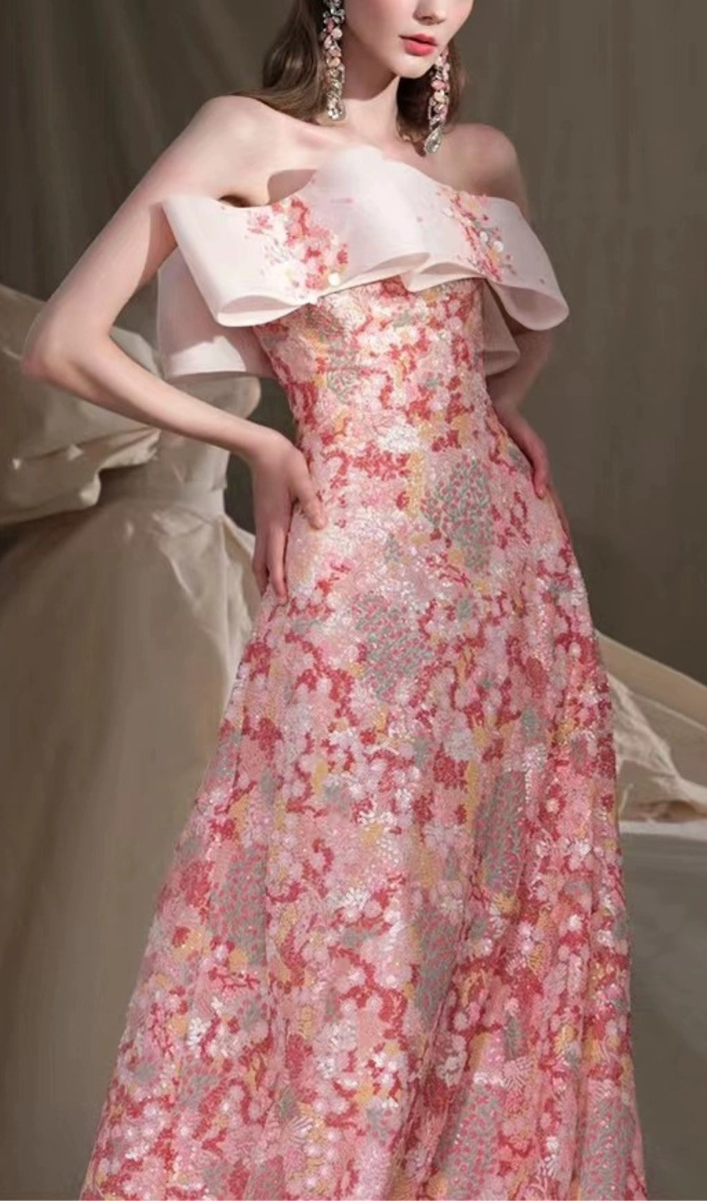 STRAPLESS FLORAL A-LINE MAXI DRESS FOR WEDDING GUEST