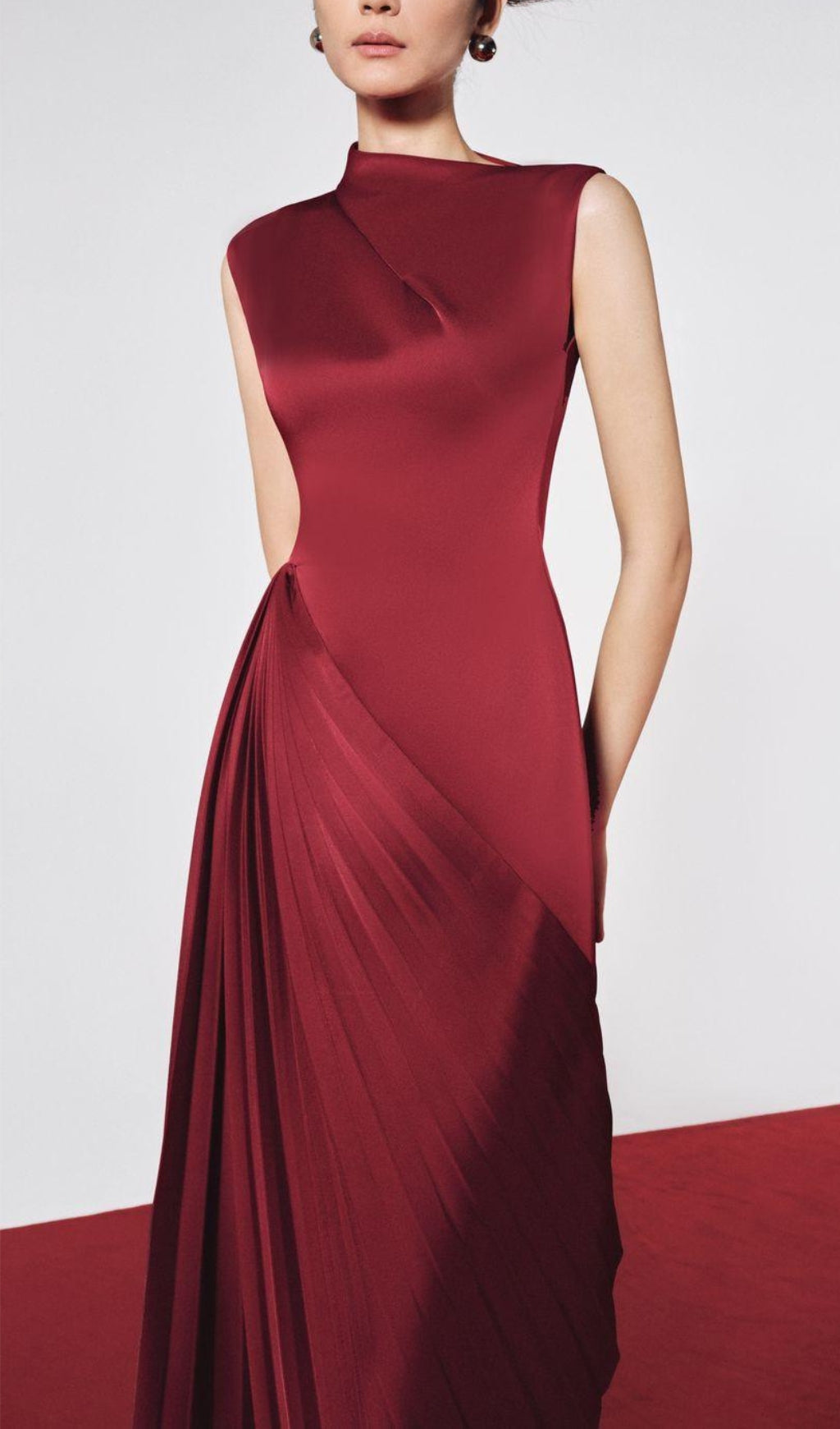 RED PLEATED MIDI DRESS FOR WEDDING GUEST