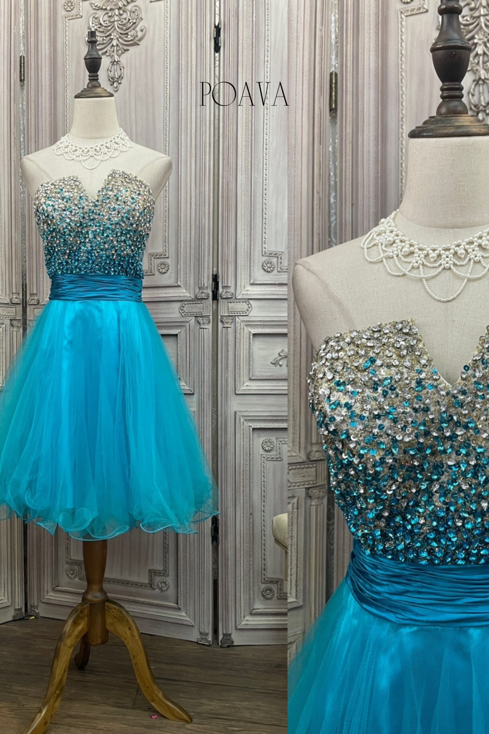 EMBELLISHED STRAPLESS BLUE MIDI DRESS FOR EVENTS