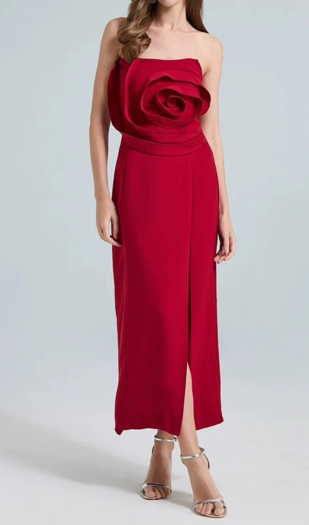 MICHELLE 3D FLOWER STRAPLESS RED MIDI DRESS