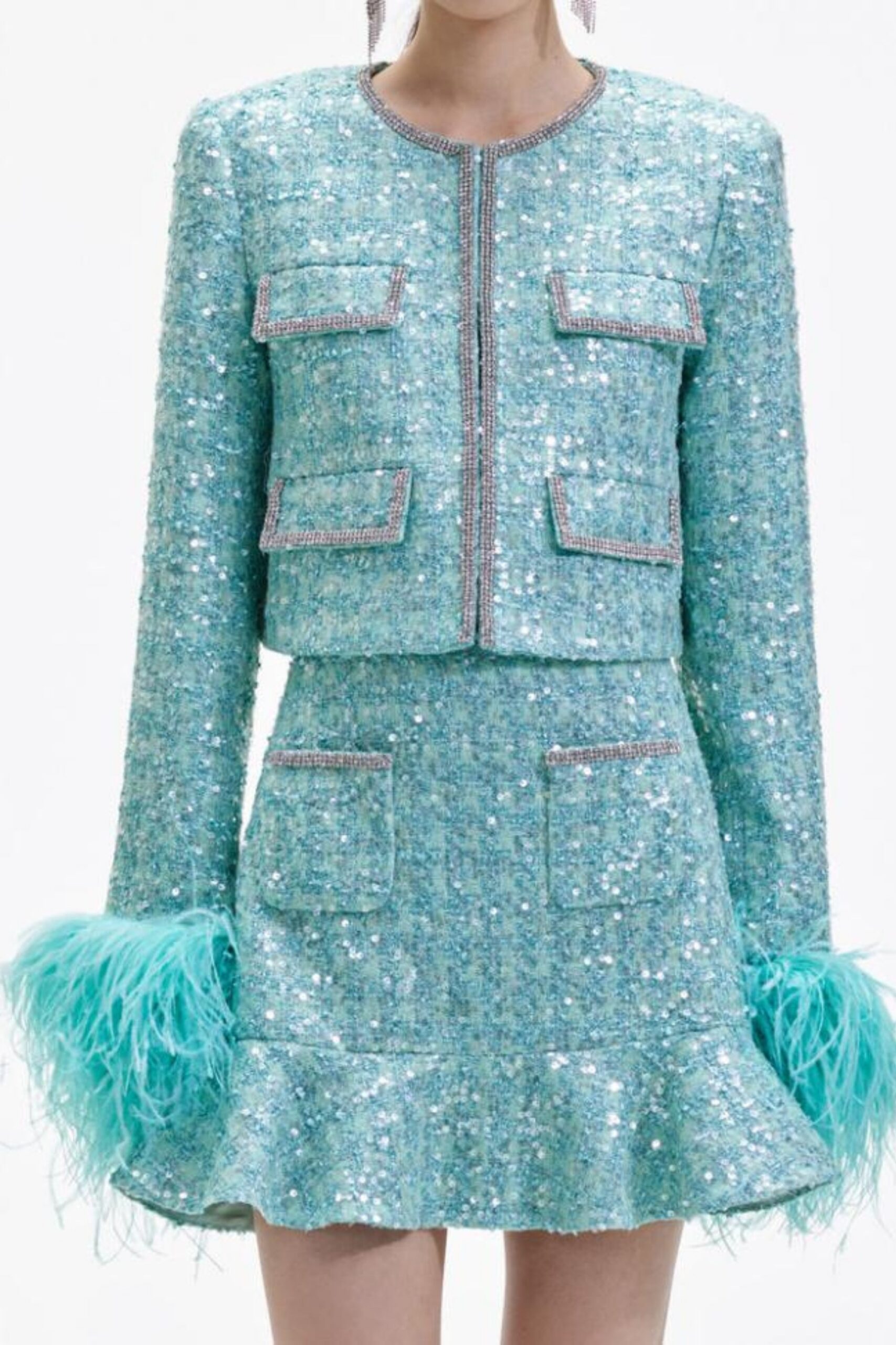 STEPHANIE GREEN BOUCLE FEATHER JACKET SUIT