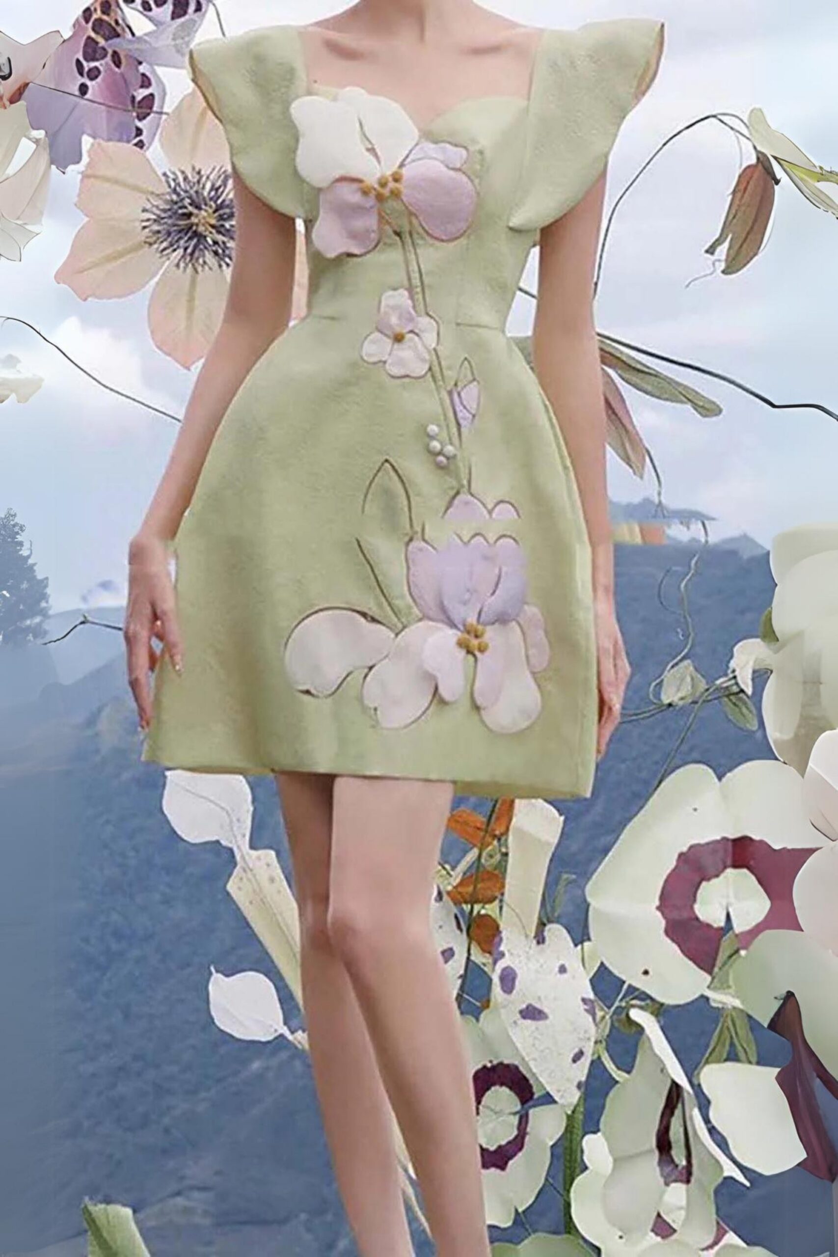 3D FLOWER BUTTERFLY SLEEVE MINT MINI DRESS