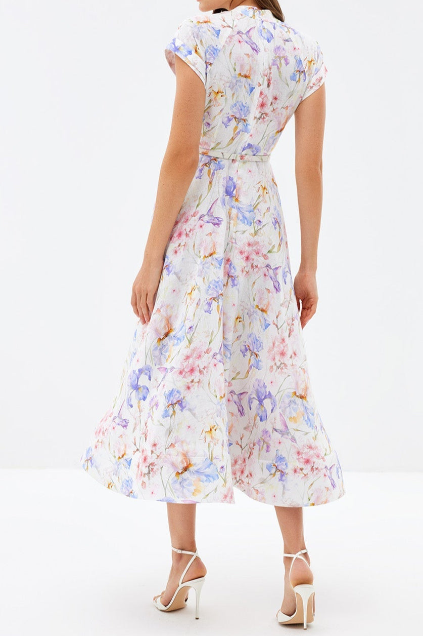 MULTICOLOR FLORAL A-LINE MIDI DRESS