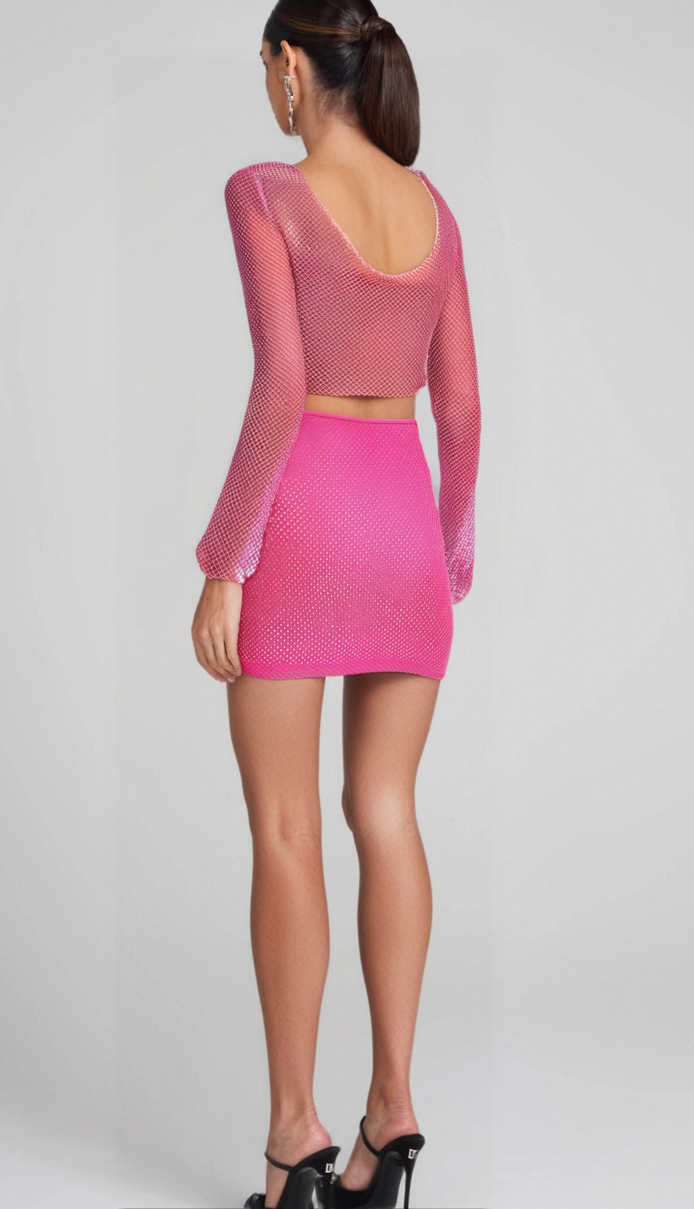 LONG SLEEVE MESH BLOUSE SKIRT SUIT FOR PARTY