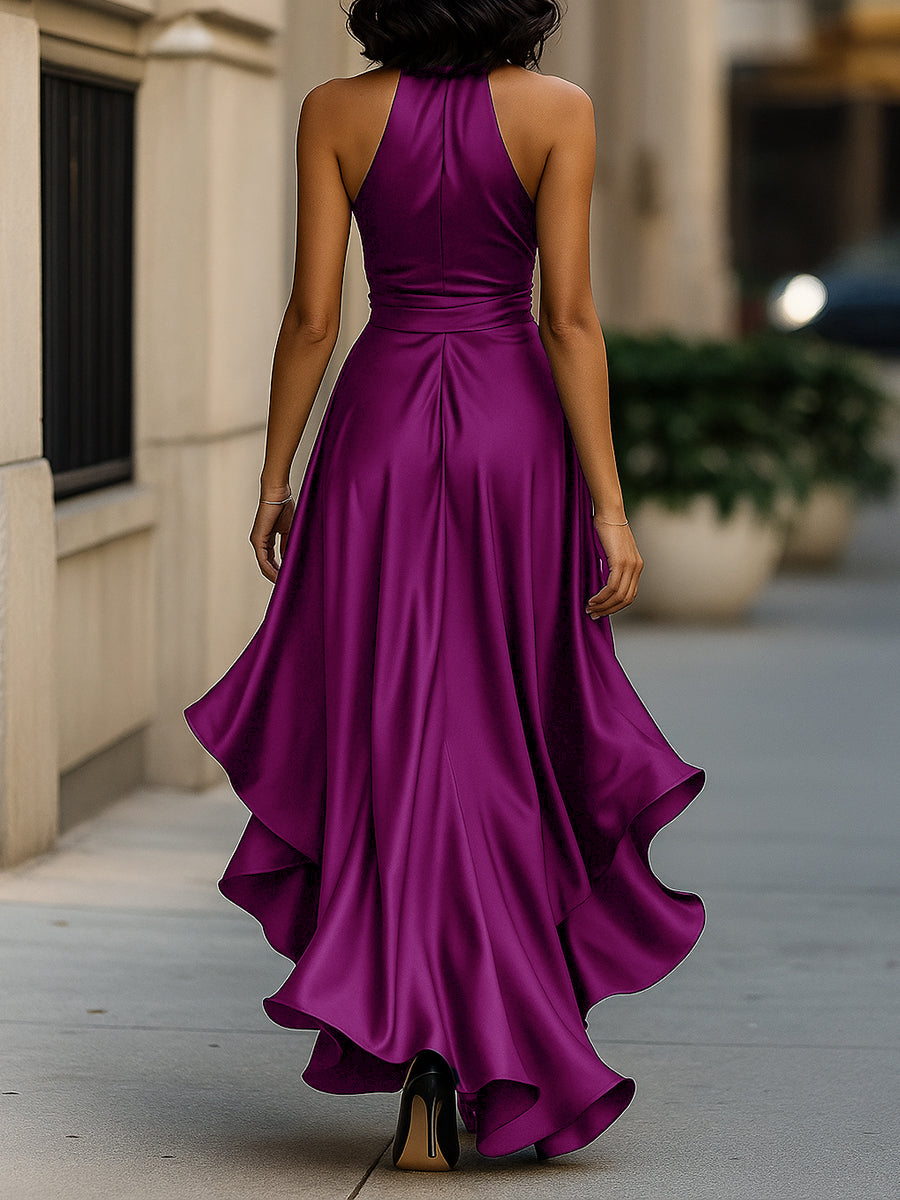 MIDNIGHT SATIN HALTER RUFFLE GOWN