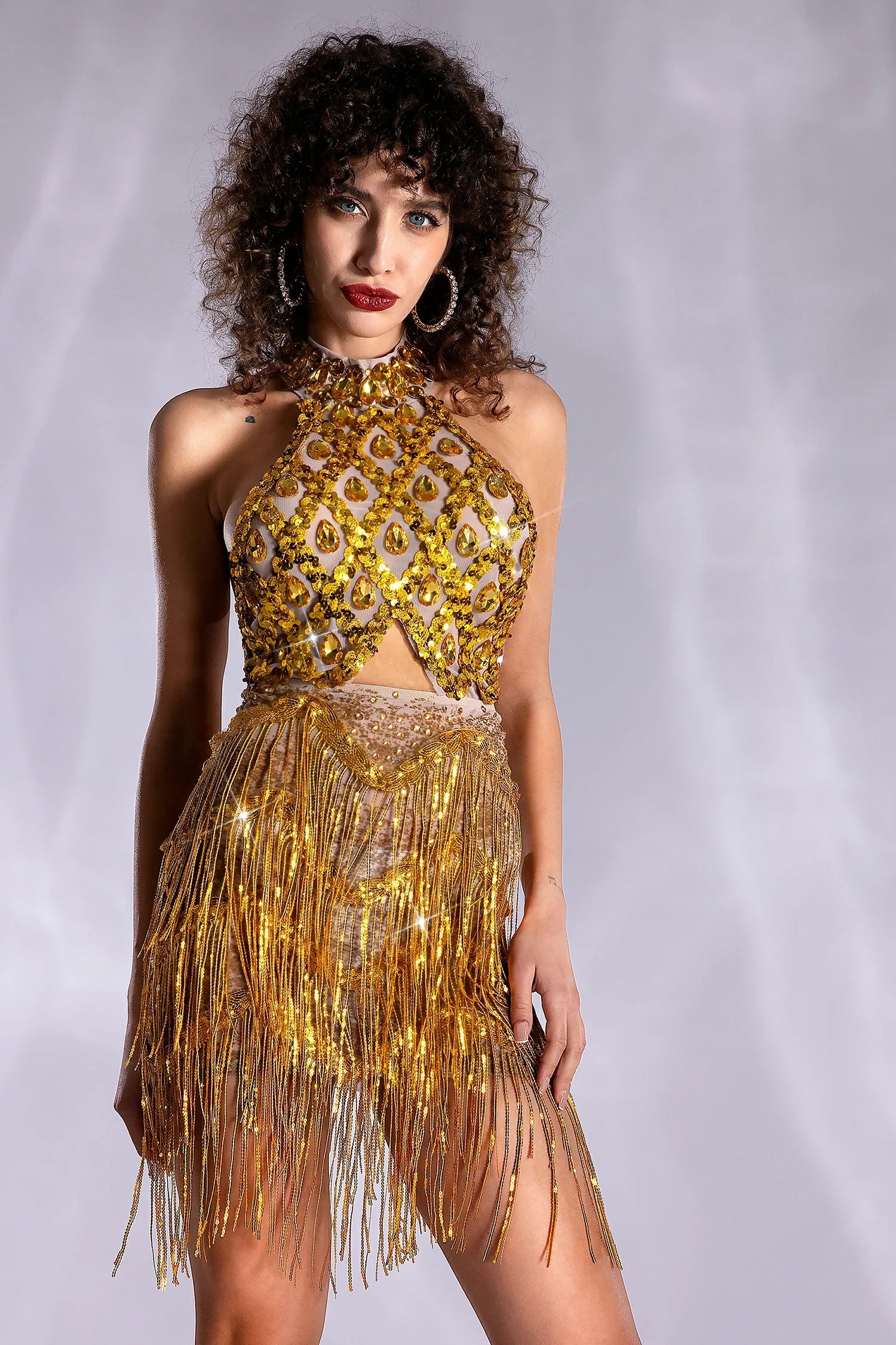 PRE-SALE DIAMOND CUTOUT FRINGE MESH DRESS