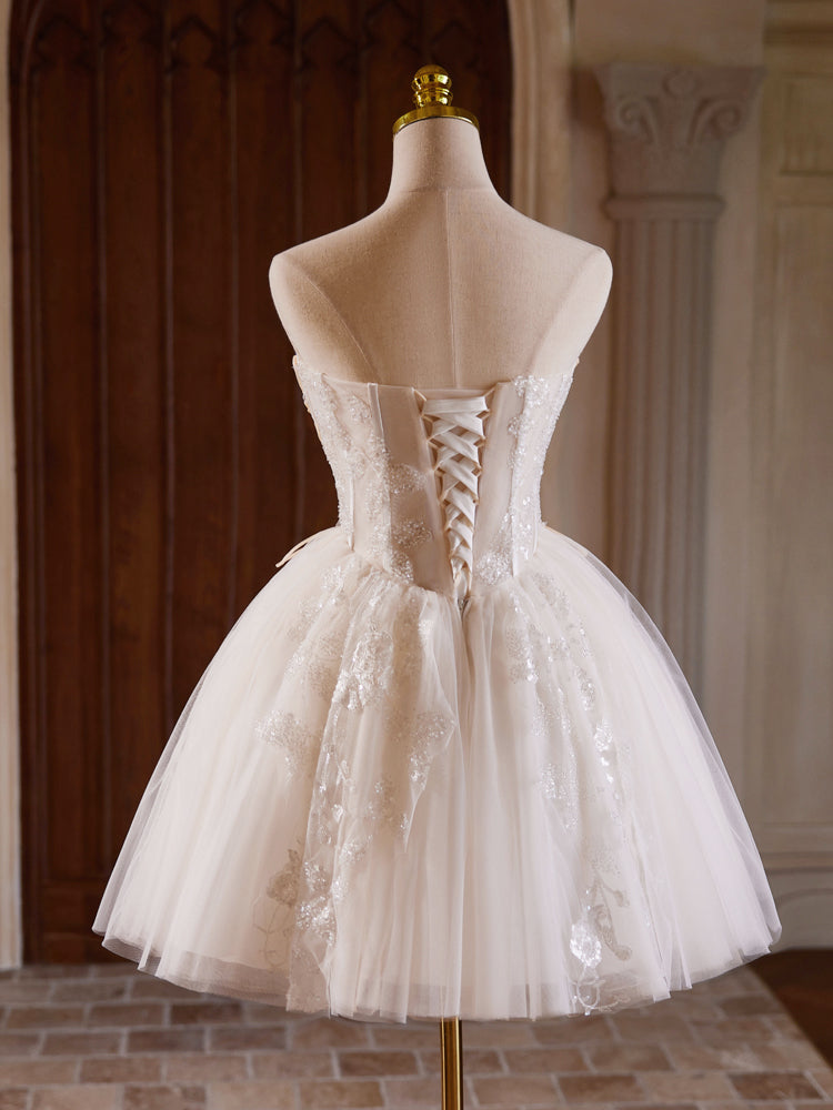A-LINE TULLE LACE CHAMPAGNE MINI PROM DRESS