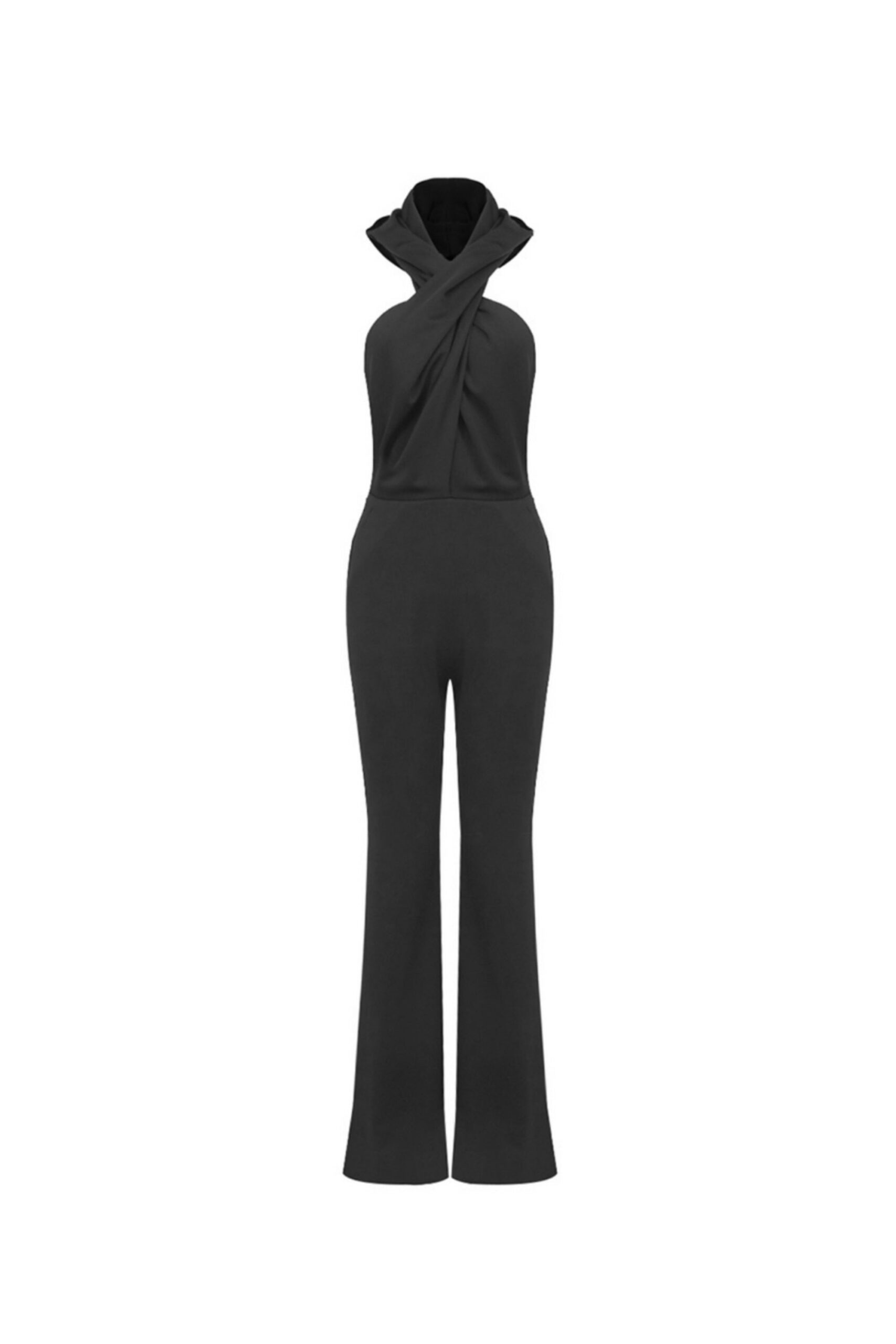 BLACK BACKLESS HOODED JUMPSUIT, NIGHT-OUT SLIP POCKET