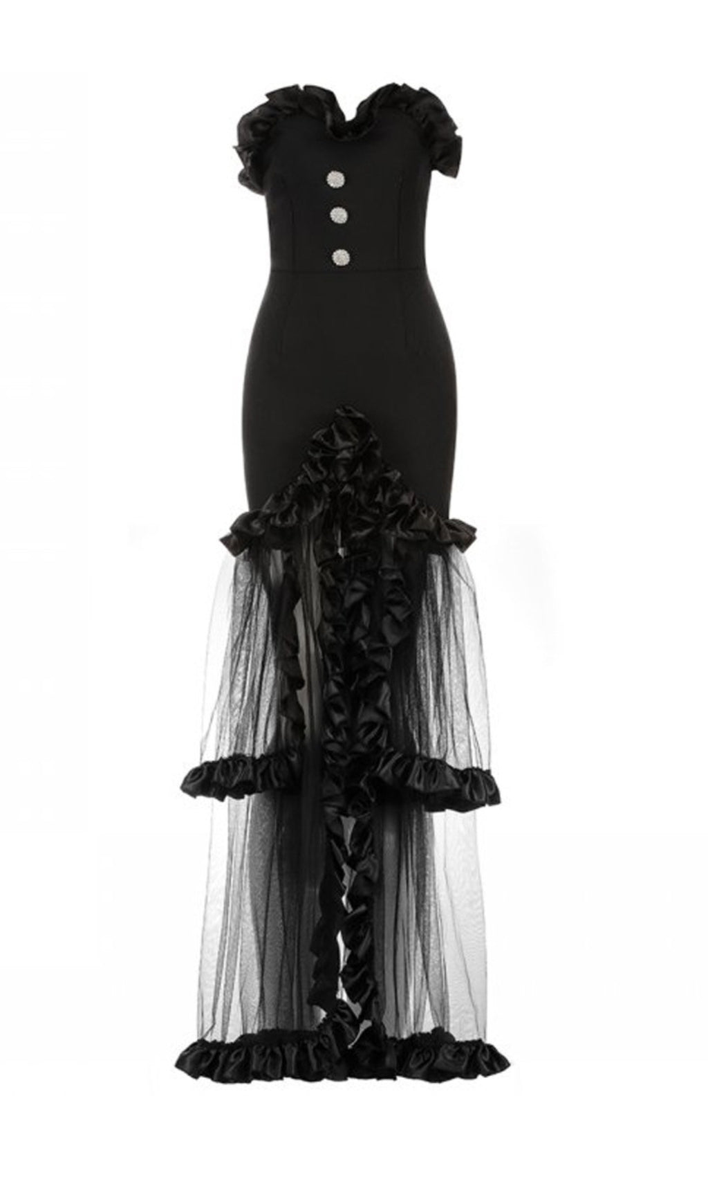 BLACK STRAPLESS TAIL MAXI DRESS, EVENING