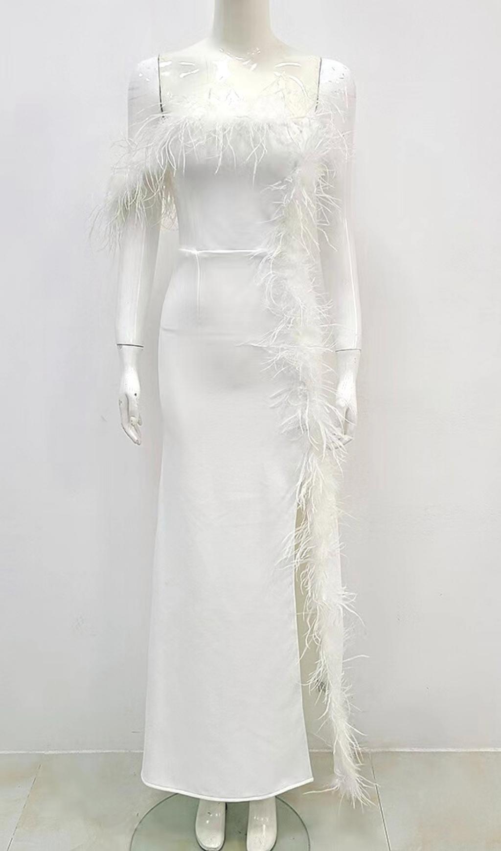 FEATHER STRAPLESS WHITE MAXI DRESS, WEDDING GUEST