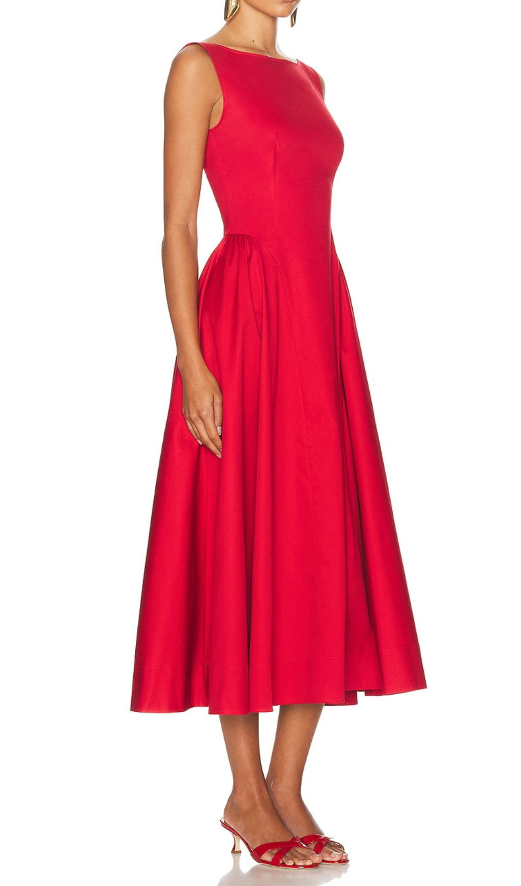 STRETCH COTTON SATEEN MIDI DRESS RED
