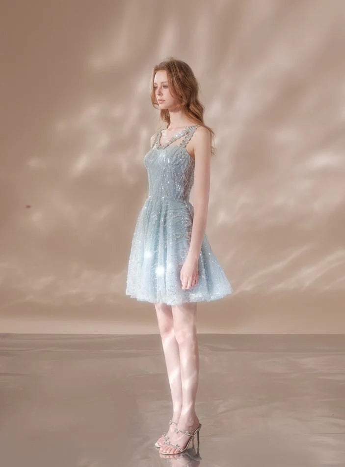 RHINESTONE STRAP HEM BLUE COCKTAIL DRESS