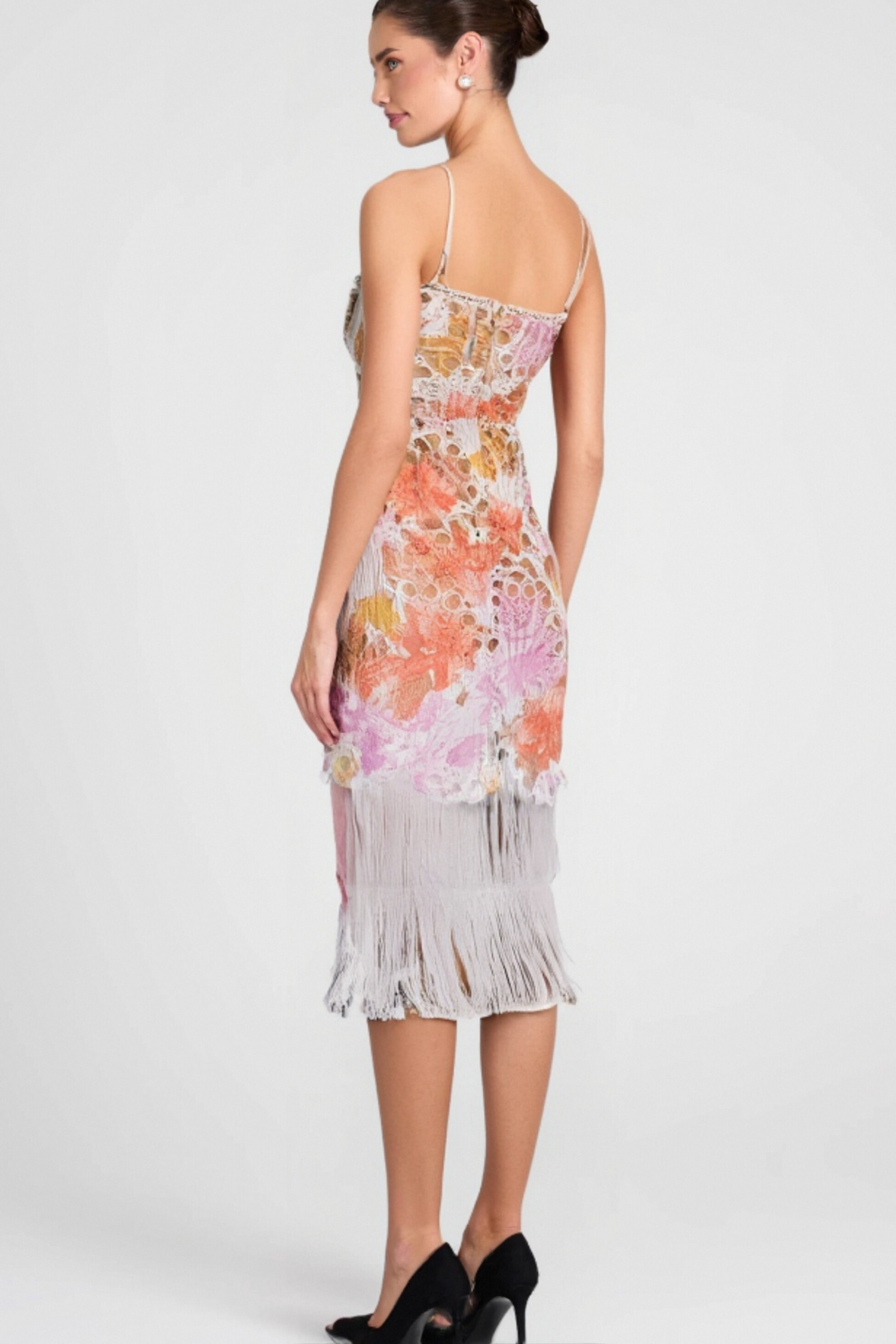 MULTICOLOR EMBROIDERED FRINGE MIDI DRESS