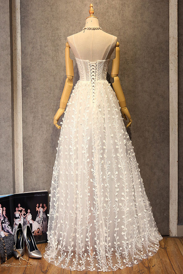 WHITE V-NECK LACE PROM DRESS