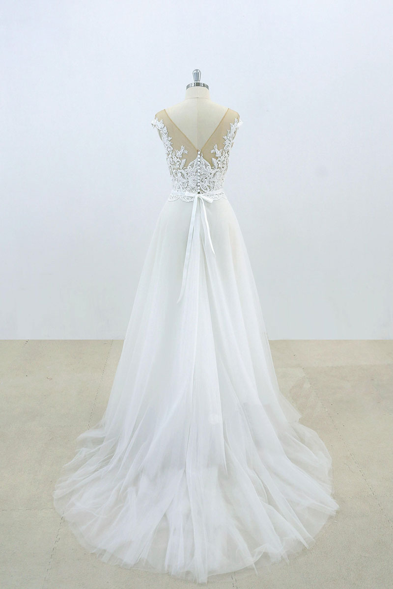 WHITE LACE TULLE PROM GOWN A-LINE